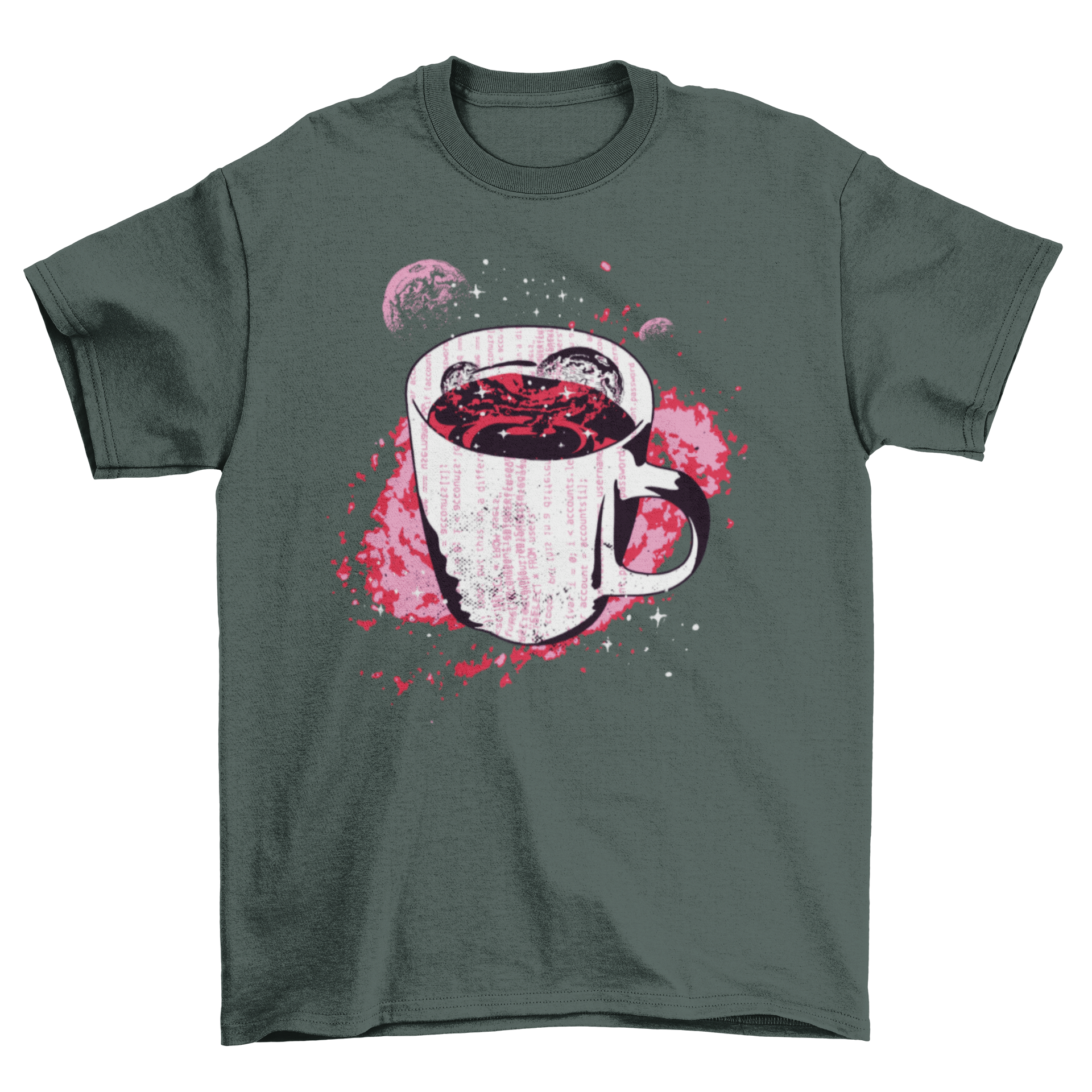 A stylish Space Coffee T-Shirt featuring a coffee cup illustration over a galaxy background with digital code elements.