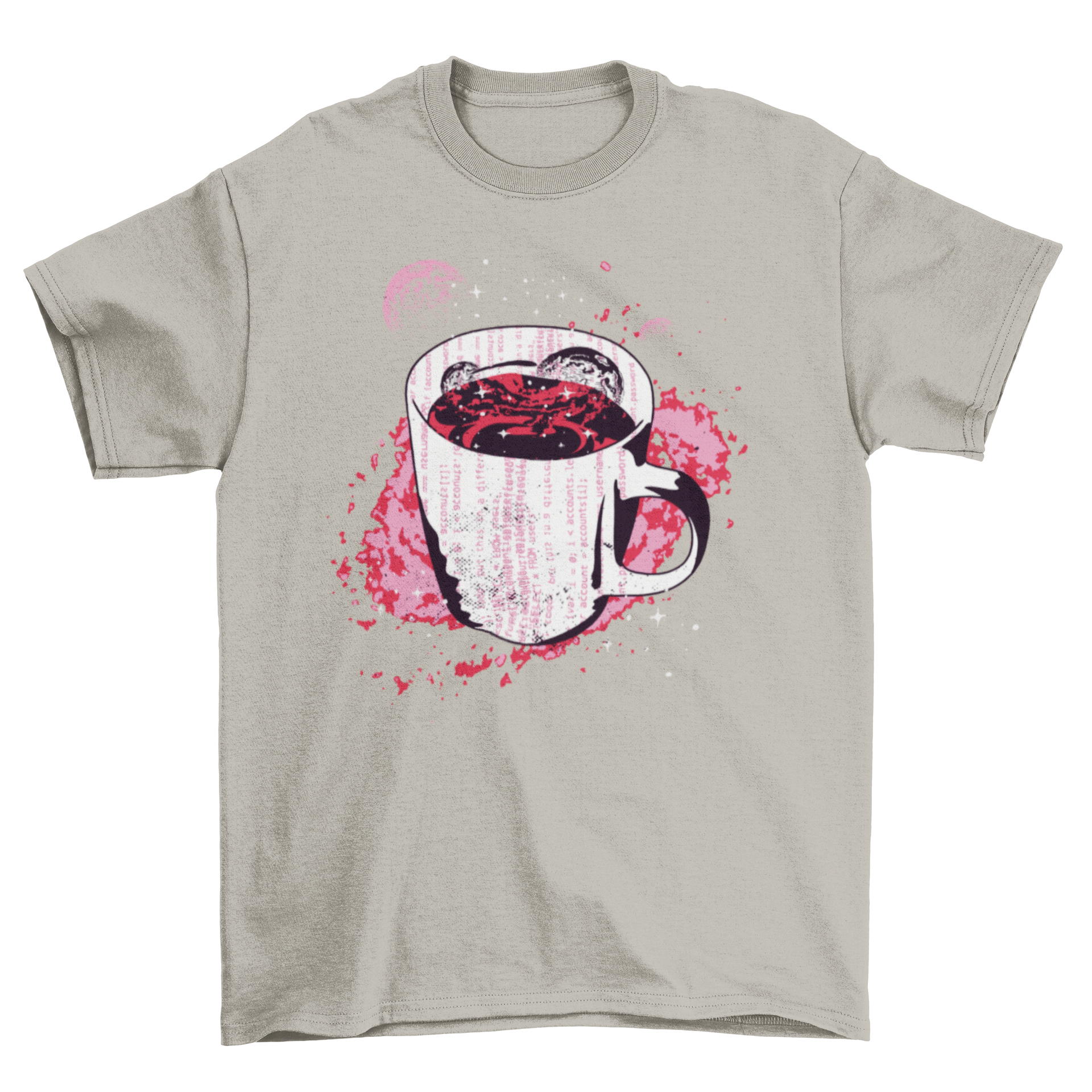 A stylish Space Coffee T-Shirt featuring a coffee cup illustration over a galaxy background with digital code elements.