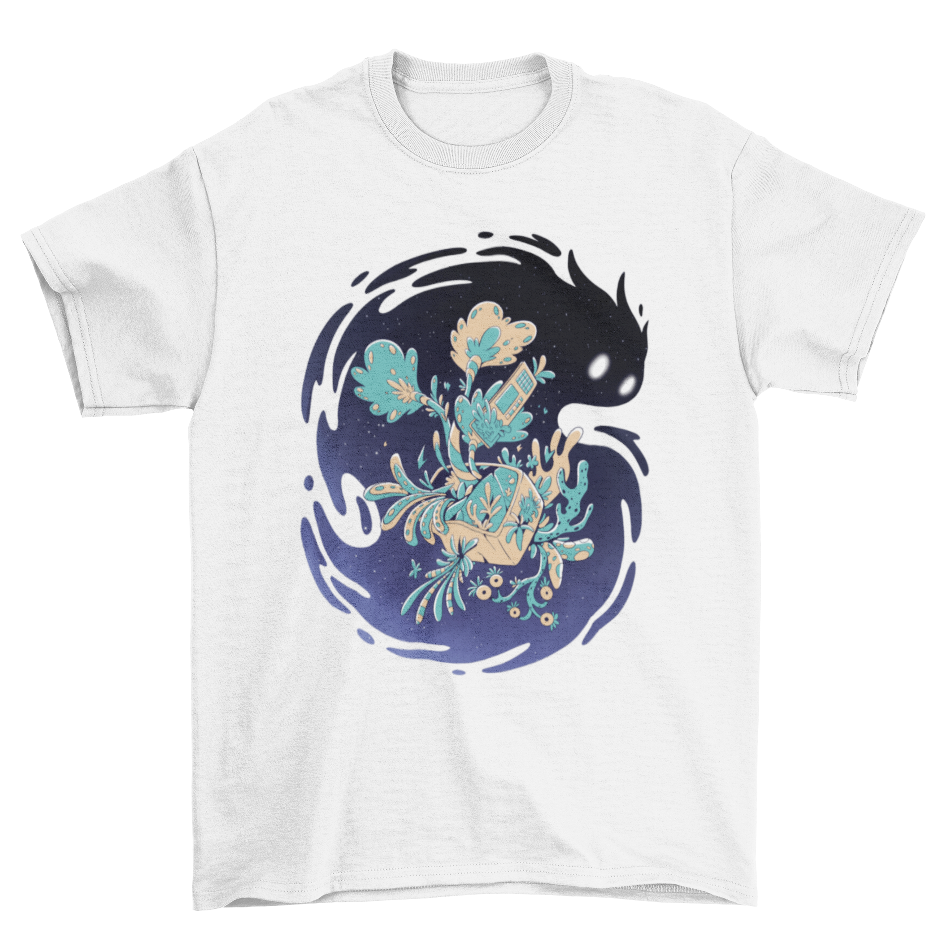 A colorful t-shirt featuring a floral monster illustration floating in a starry space background, showcasing creativity and unique design.