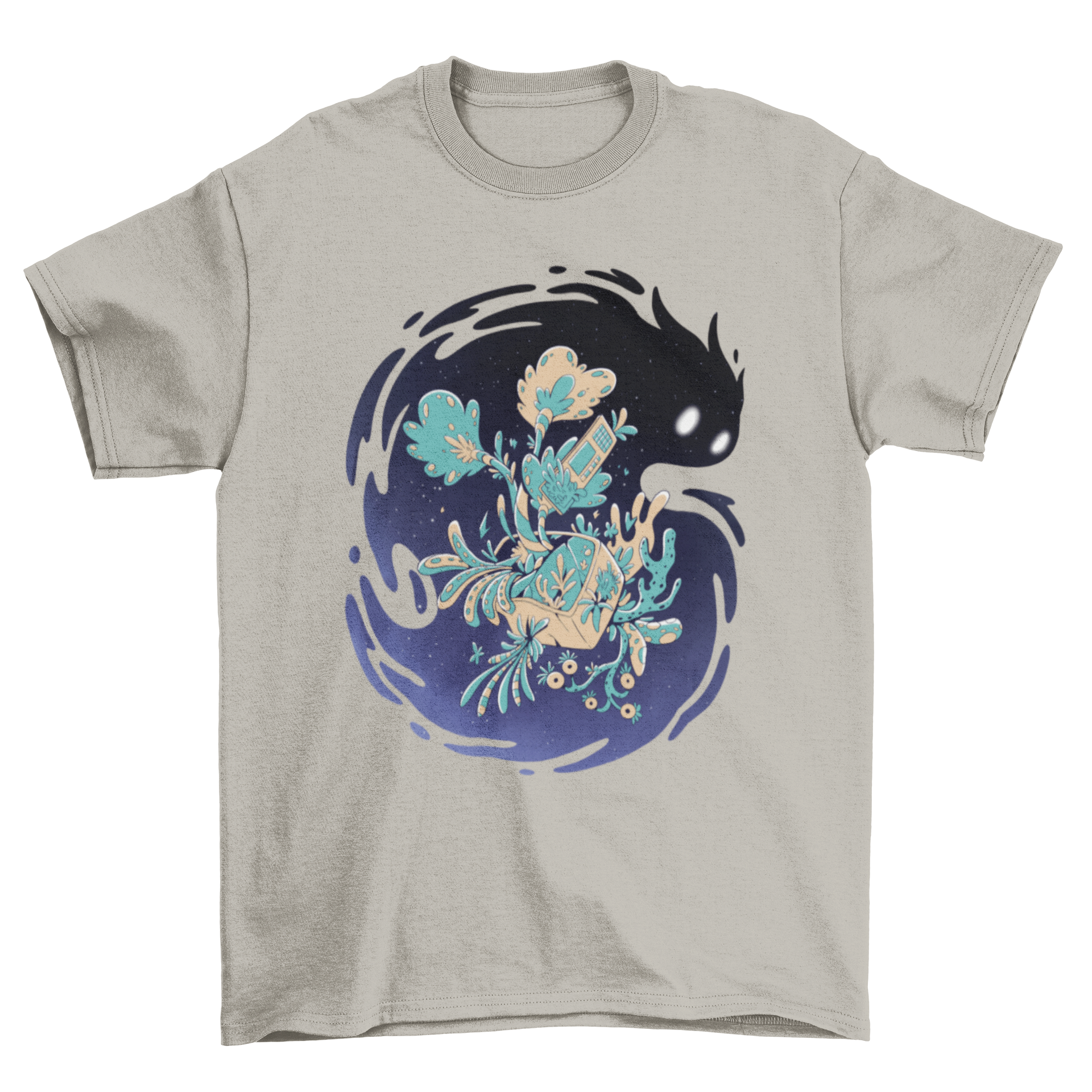 A colorful t-shirt featuring a floral monster illustration floating in a starry space background, showcasing creativity and unique design.