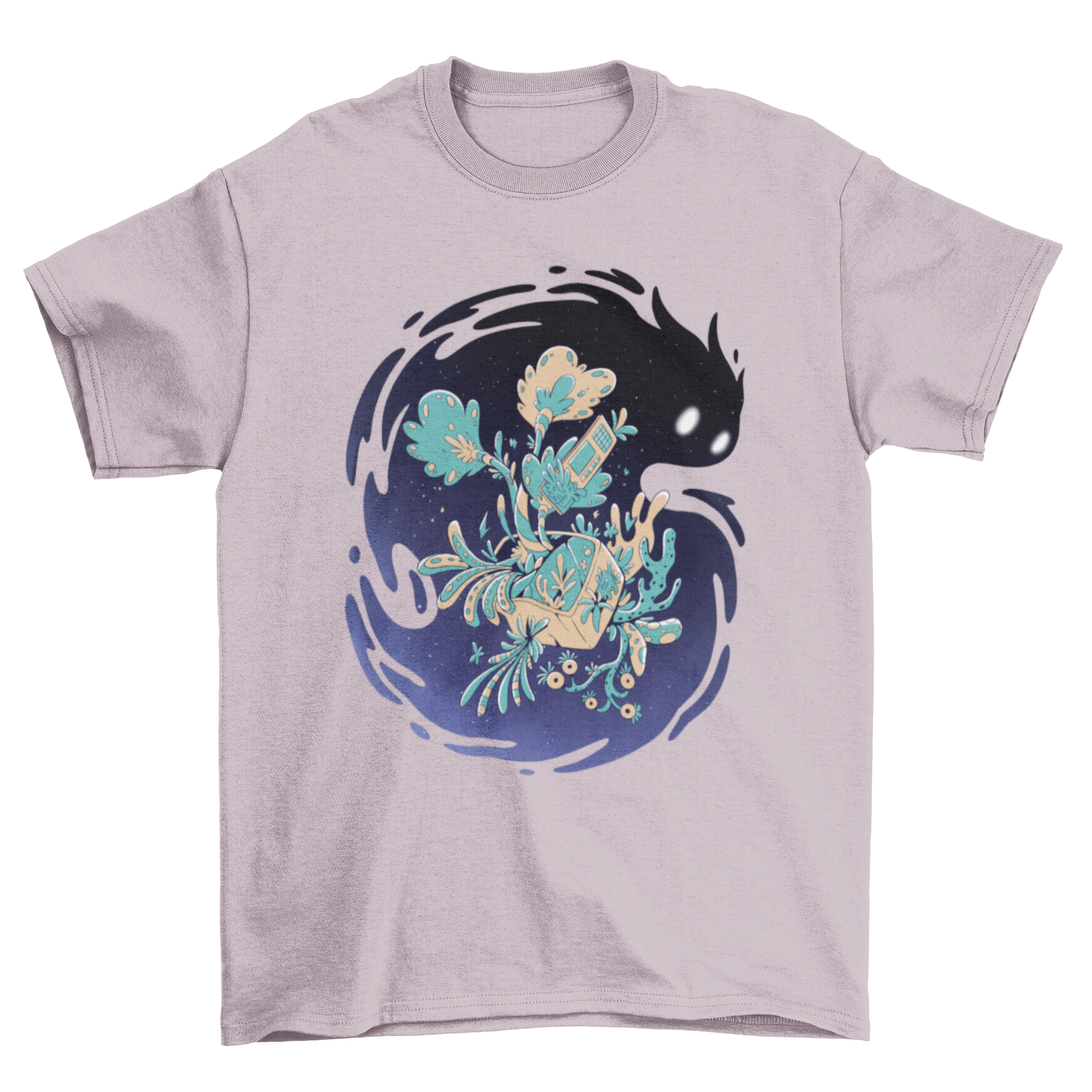 A colorful t-shirt featuring a floral monster illustration floating in a starry space background, showcasing creativity and unique design.