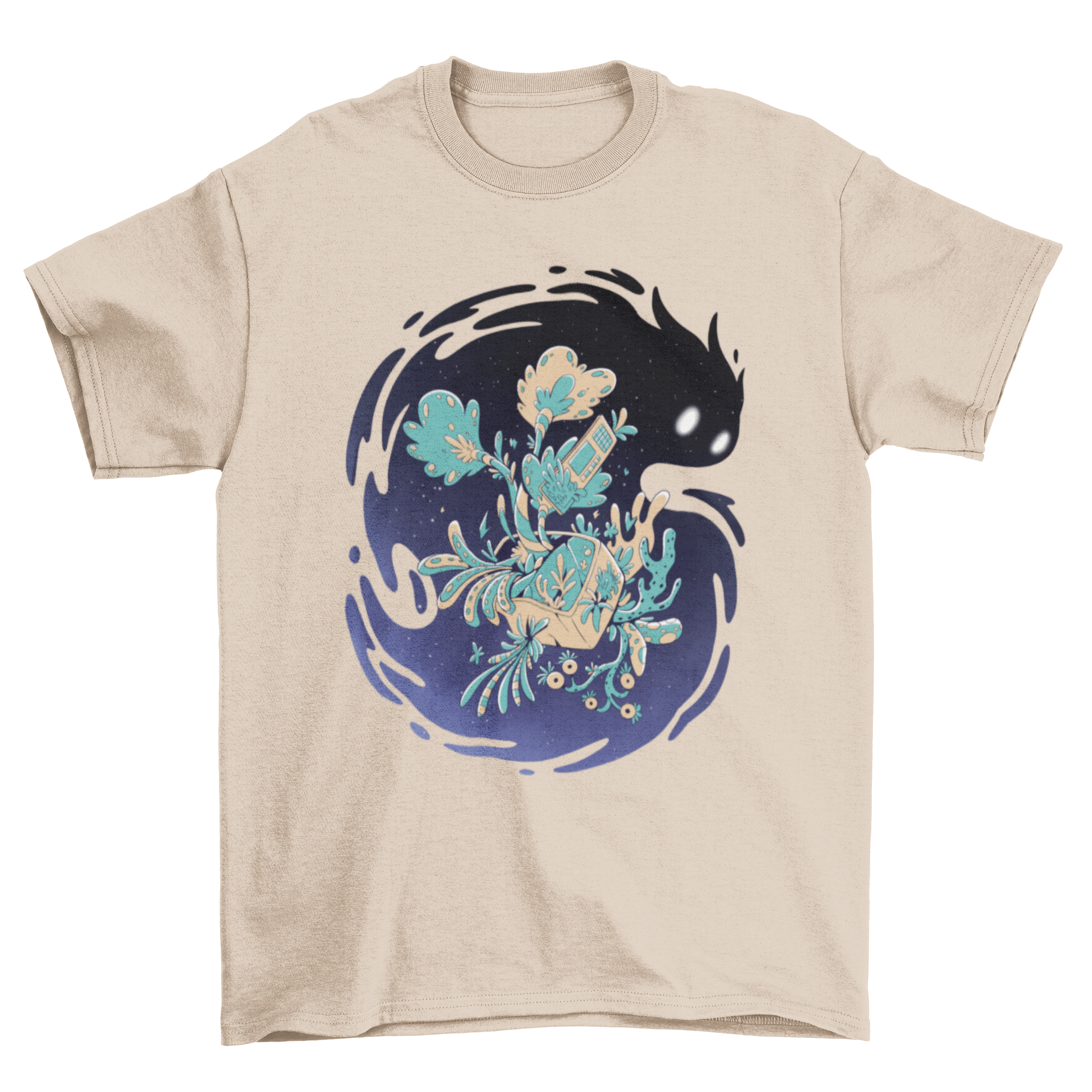 A colorful t-shirt featuring a floral monster illustration floating in a starry space background, showcasing creativity and unique design.