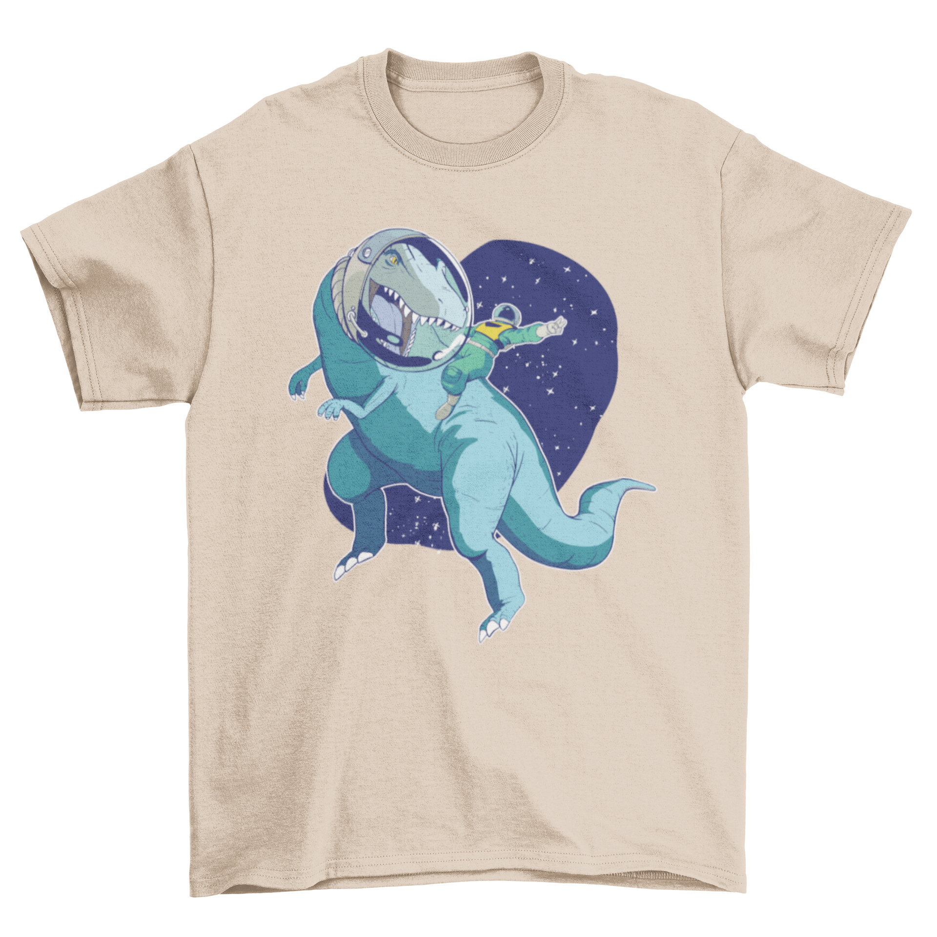 A colorful t-shirt featuring an astronaut riding a T-Rex, perfect for dinosaur and space enthusiasts.