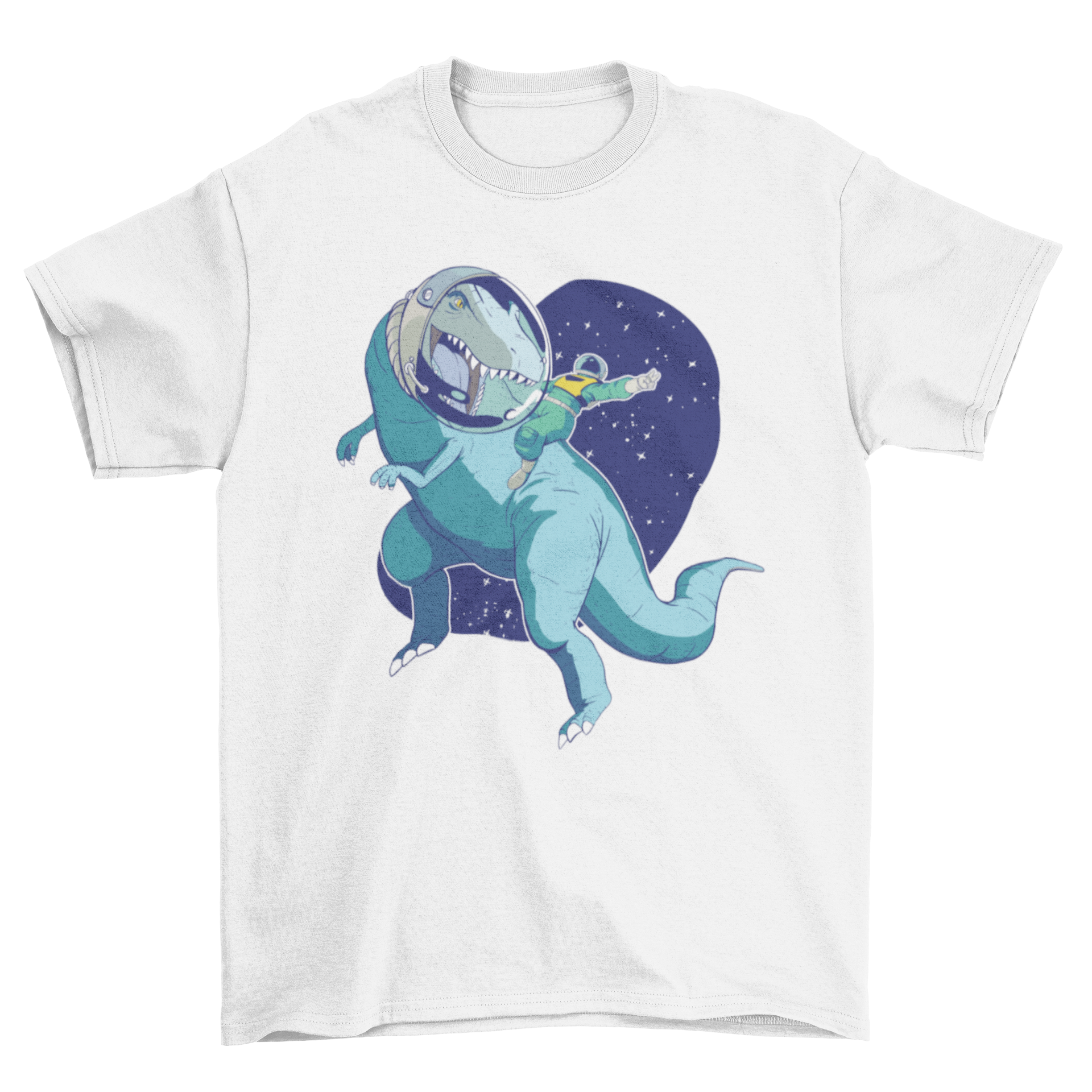 A colorful t-shirt featuring an astronaut riding a T-Rex, perfect for dinosaur and space enthusiasts.