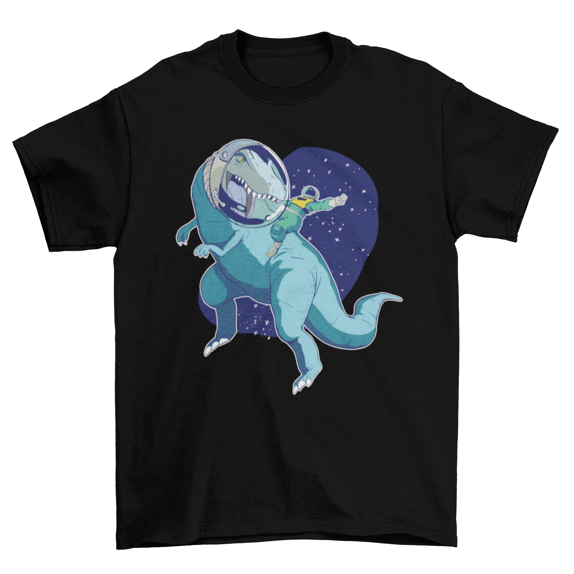 A colorful t-shirt featuring an astronaut riding a T-Rex, perfect for dinosaur and space enthusiasts.