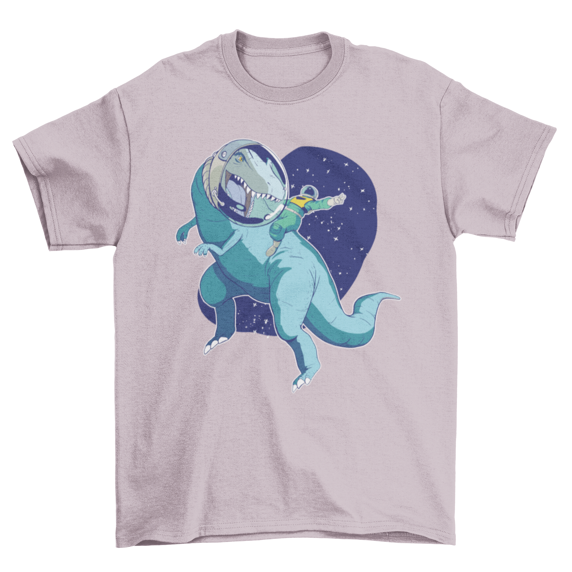 A colorful t-shirt featuring an astronaut riding a T-Rex, perfect for dinosaur and space enthusiasts.