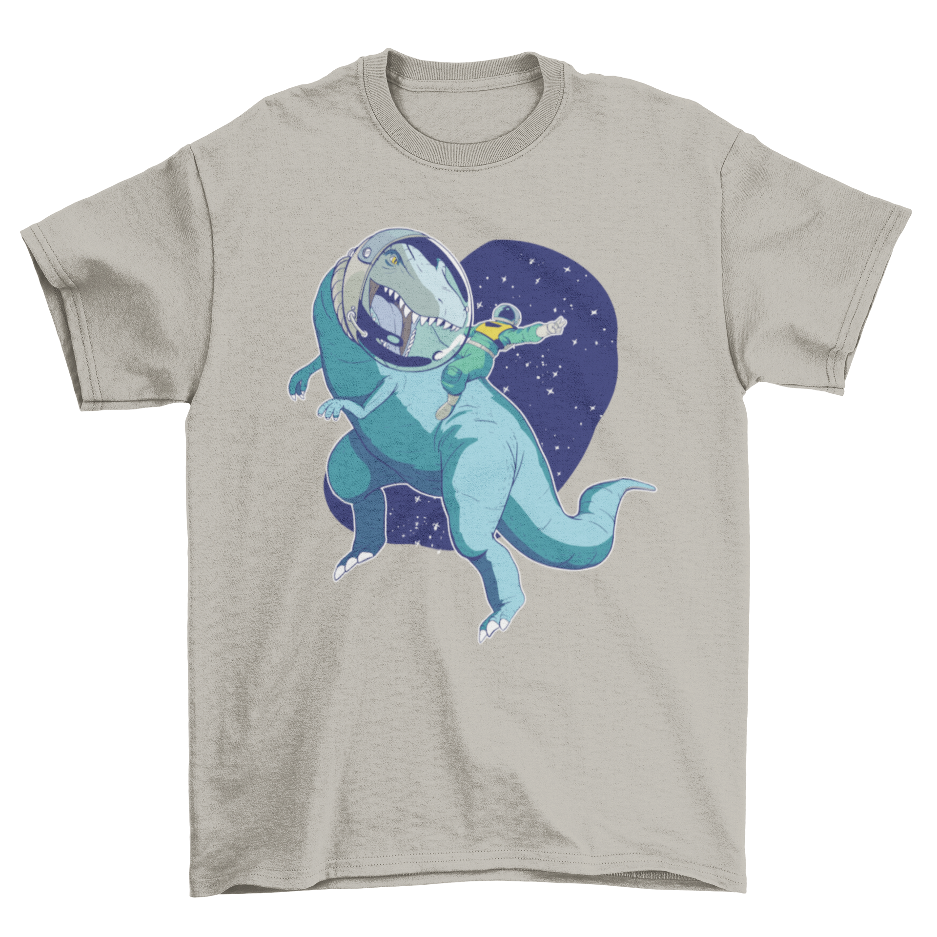 A colorful t-shirt featuring an astronaut riding a T-Rex, perfect for dinosaur and space enthusiasts.