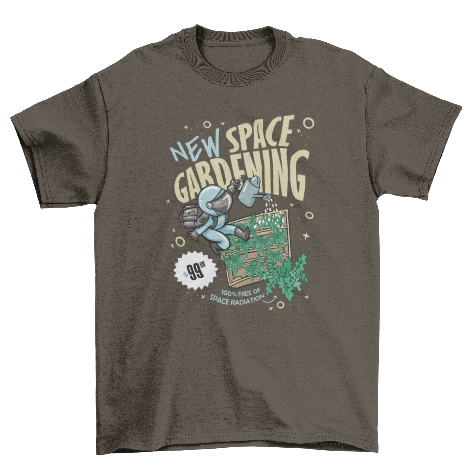 A stylish t-shirt featuring an astronaut watering plants with the quote 'New space gardening', perfect for gardening and space enthusiasts.