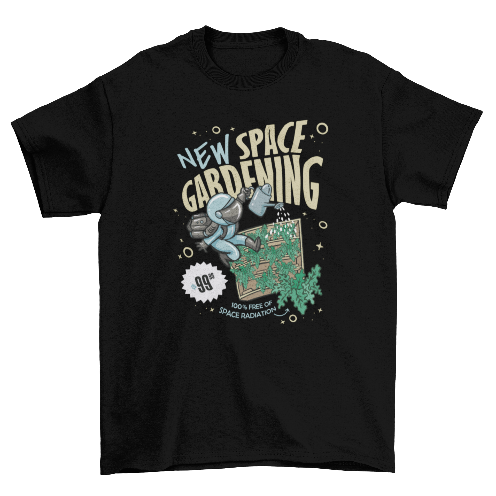 A stylish t-shirt featuring an astronaut watering plants with the quote 'New space gardening', perfect for gardening and space enthusiasts.