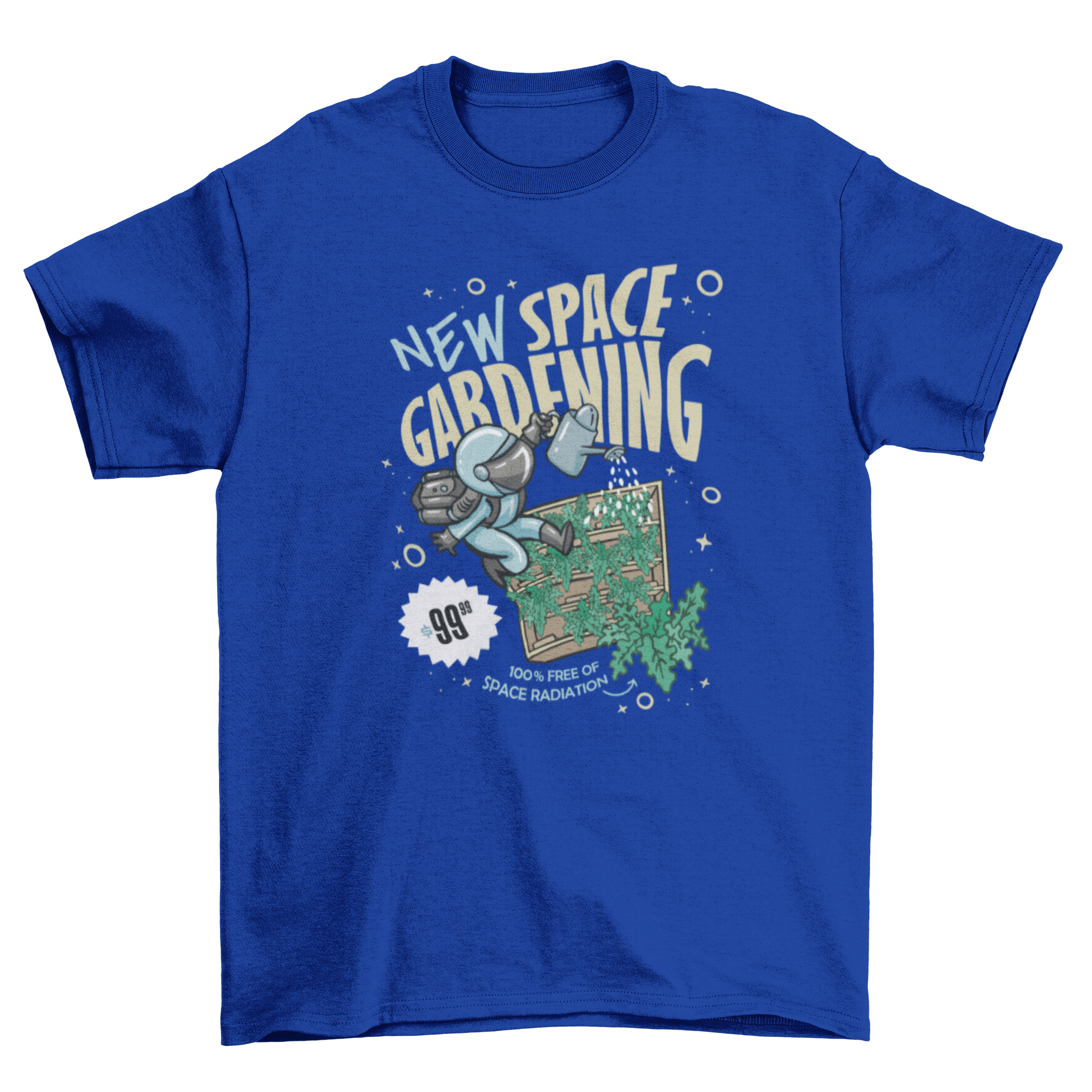 A stylish t-shirt featuring an astronaut watering plants with the quote 'New space gardening', perfect for gardening and space enthusiasts.