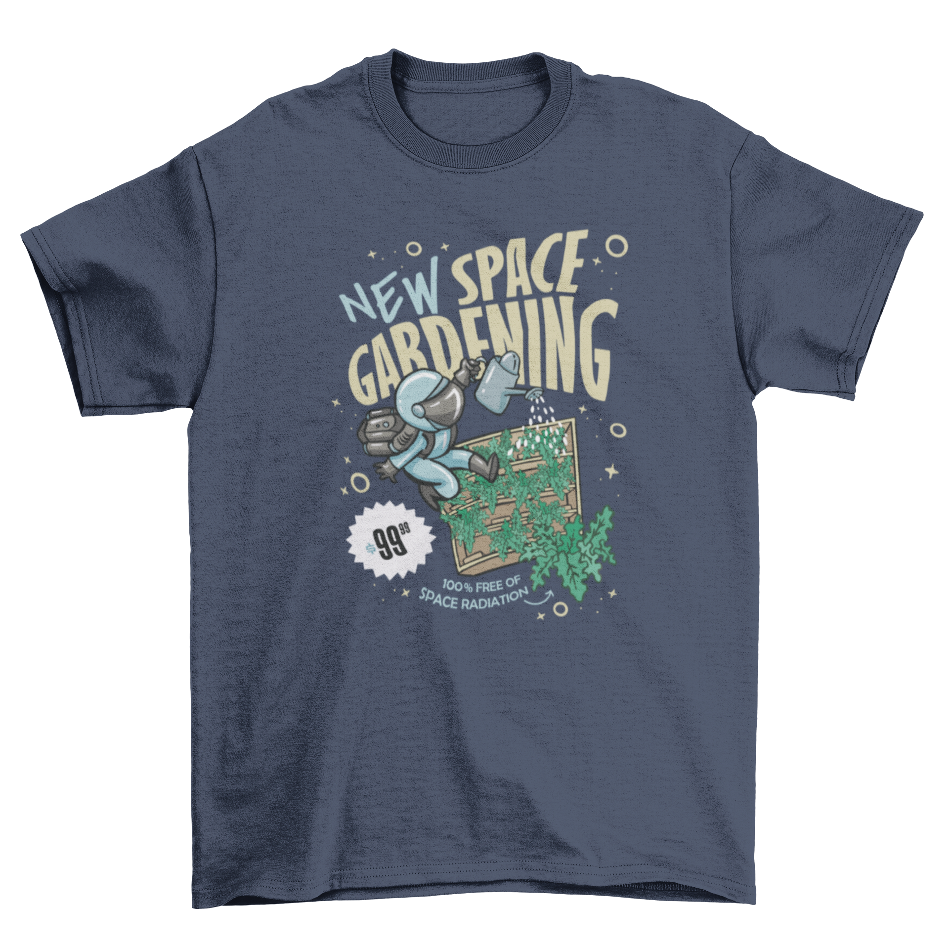 A stylish t-shirt featuring an astronaut watering plants with the quote 'New space gardening', perfect for gardening and space enthusiasts.