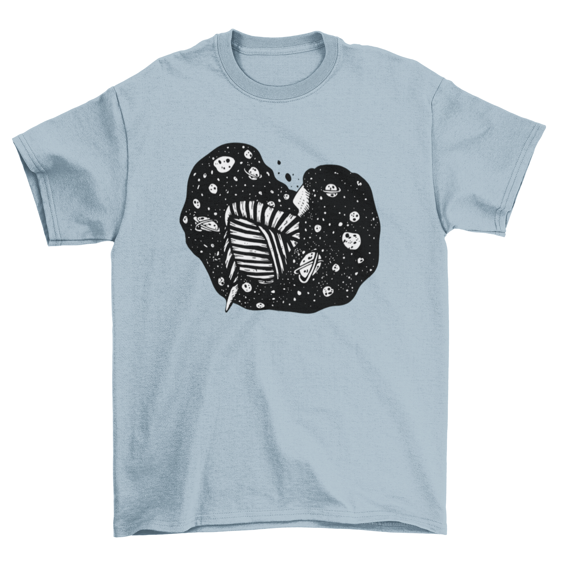 A stylish t-shirt featuring an abstract illustration of a girl with planets and stars in her hair, perfect for space enthusiasts.