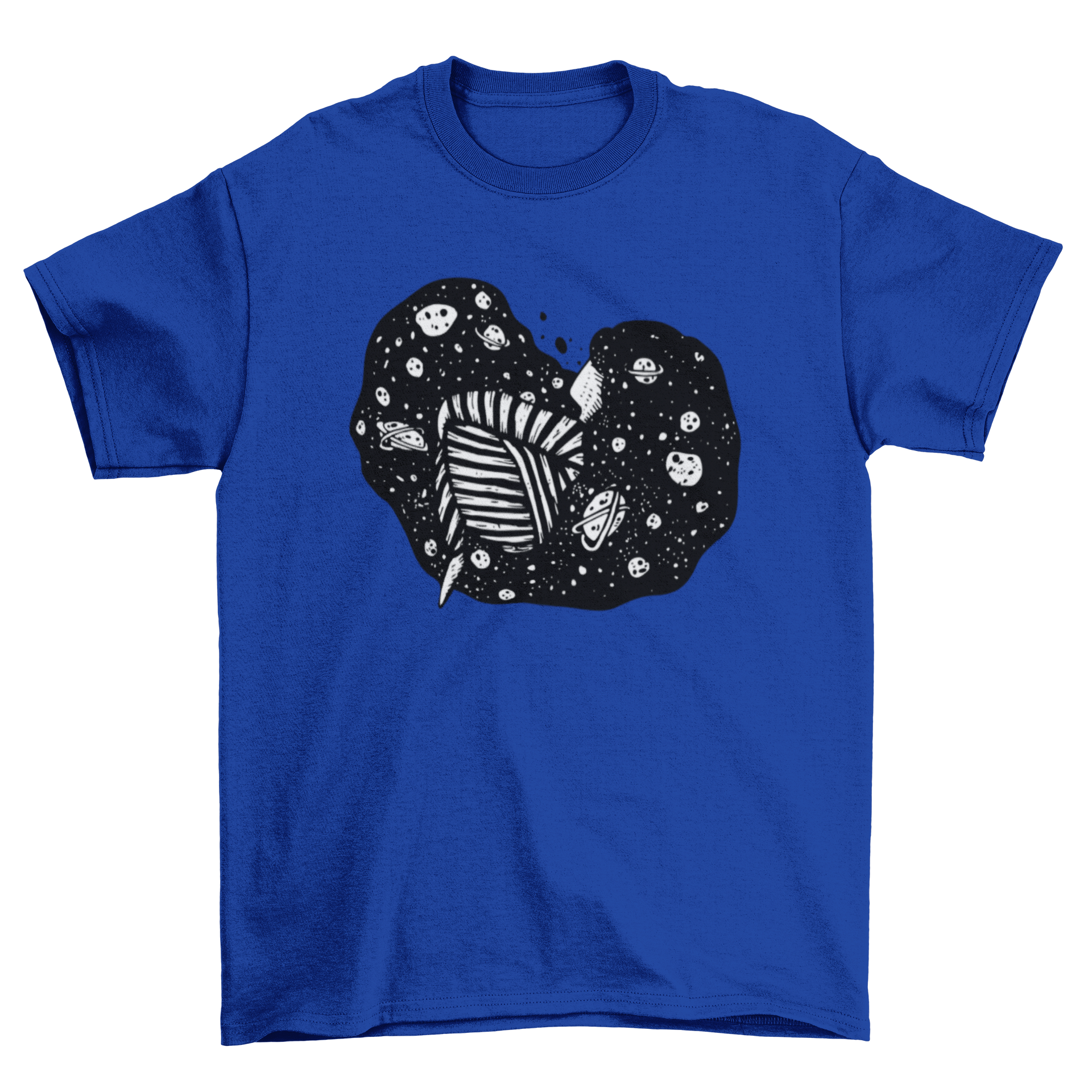 A stylish t-shirt featuring an abstract illustration of a girl with planets and stars in her hair, perfect for space enthusiasts.