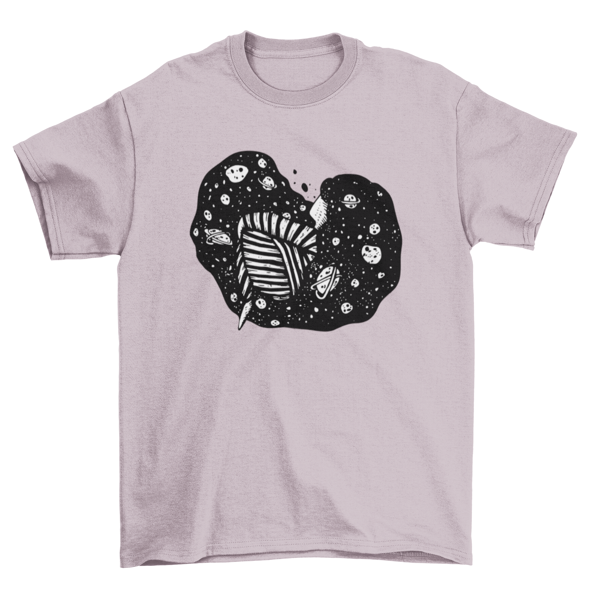 A stylish t-shirt featuring an abstract illustration of a girl with planets and stars in her hair, perfect for space enthusiasts.