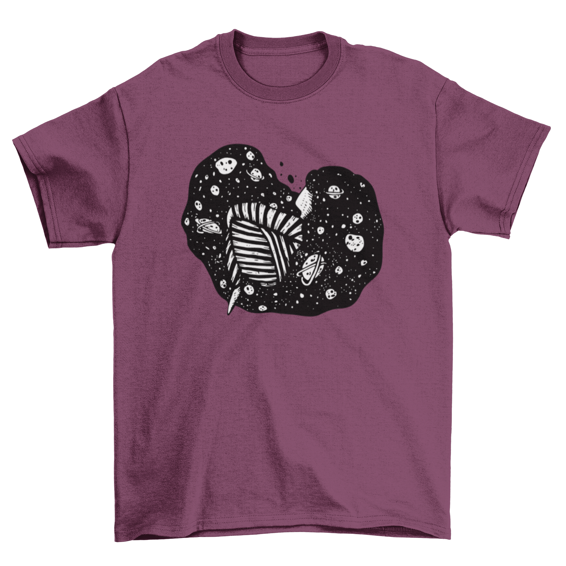 A stylish t-shirt featuring an abstract illustration of a girl with planets and stars in her hair, perfect for space enthusiasts.