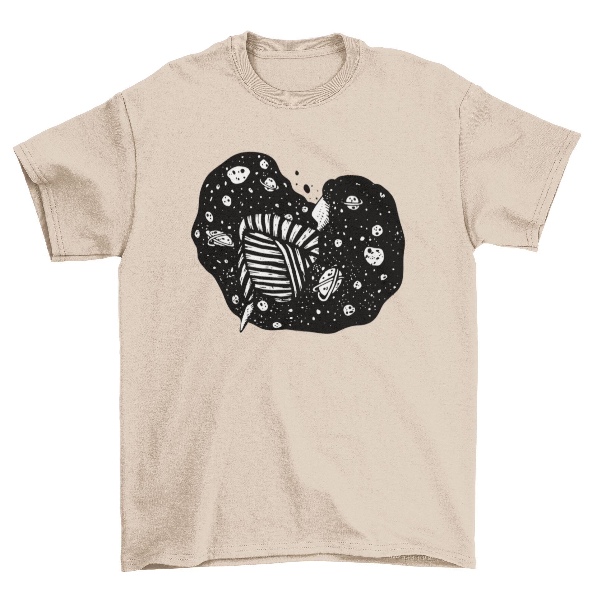 A stylish t-shirt featuring an abstract illustration of a girl with planets and stars in her hair, perfect for space enthusiasts.