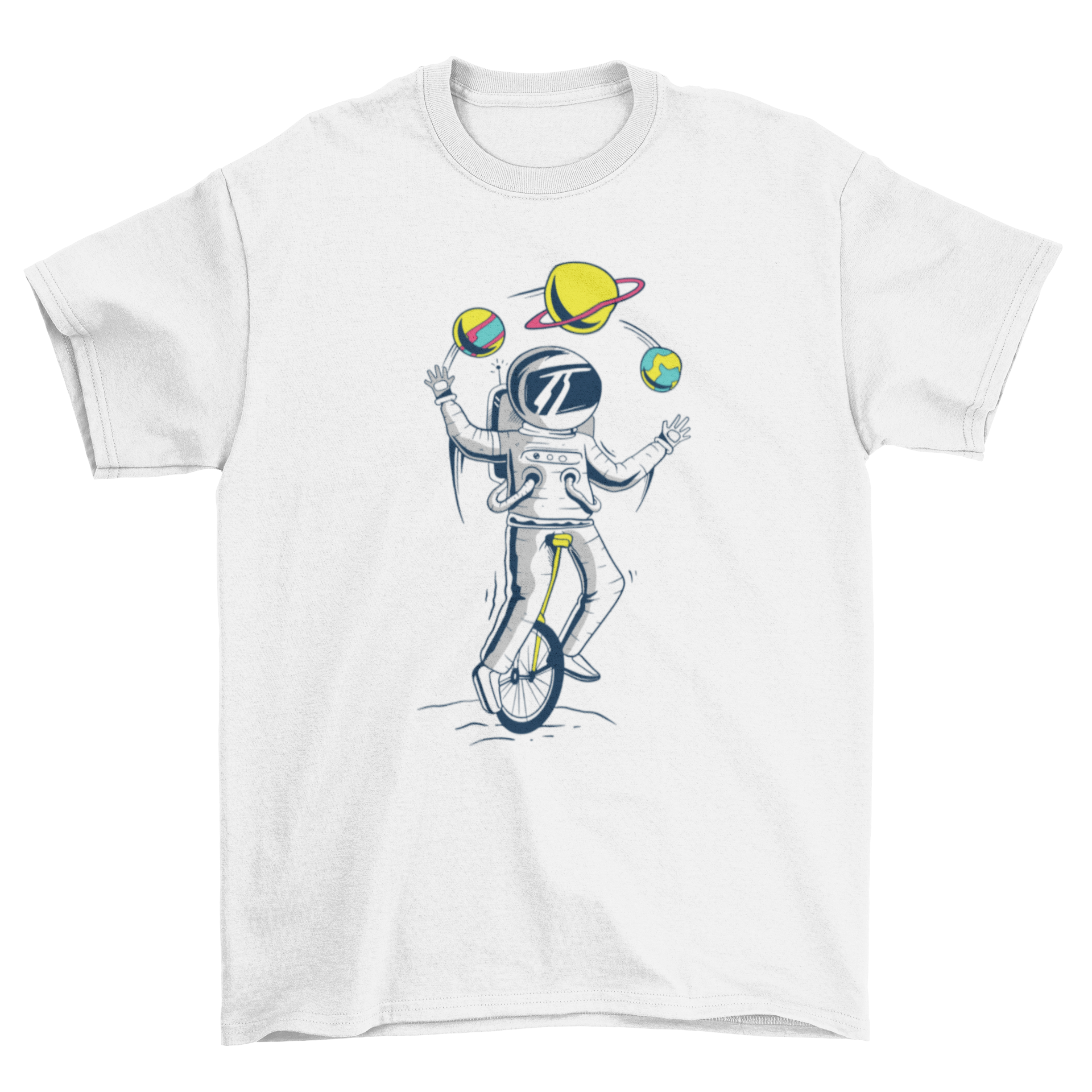 A colorful T-shirt featuring an astronaut juggling planets while riding a unicycle, showcasing a whimsical space theme.