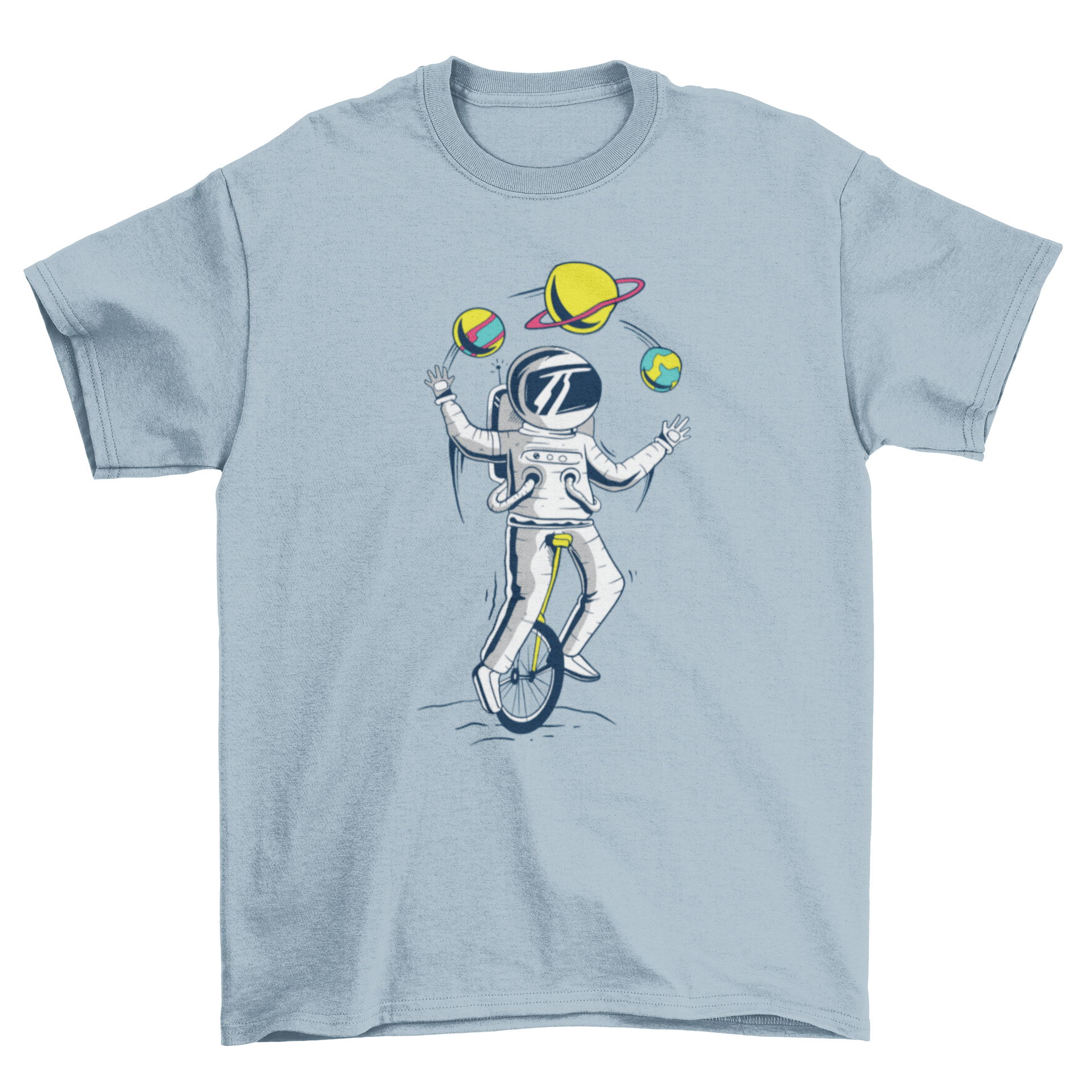 A colorful T-shirt featuring an astronaut juggling planets while riding a unicycle, showcasing a whimsical space theme.