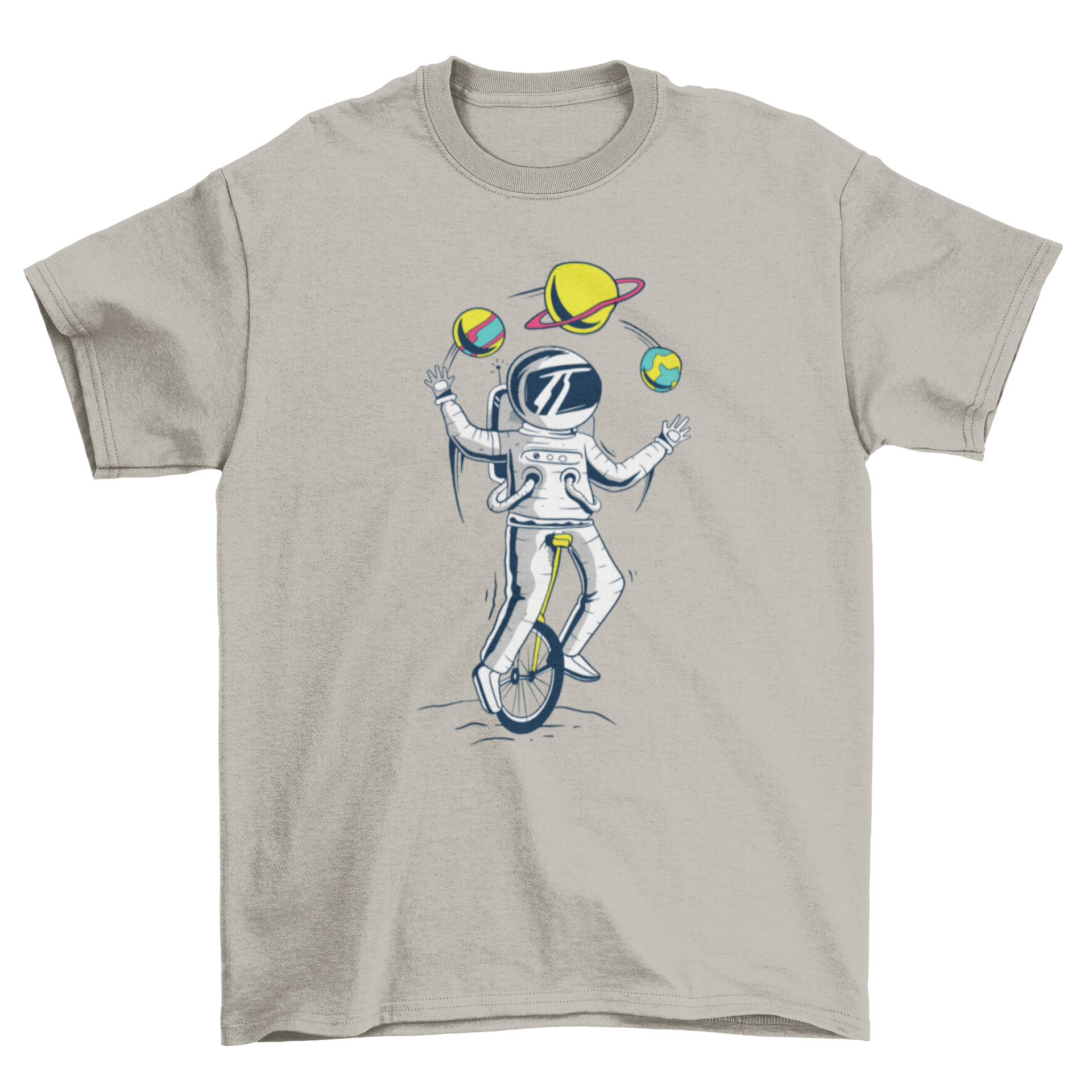 A colorful T-shirt featuring an astronaut juggling planets while riding a unicycle, showcasing a whimsical space theme.