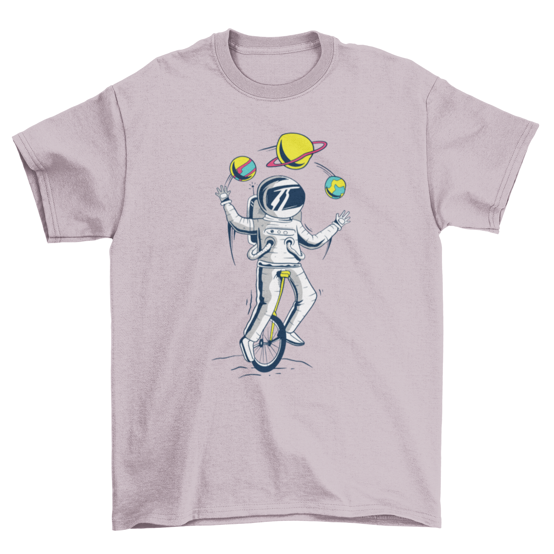 A colorful T-shirt featuring an astronaut juggling planets while riding a unicycle, showcasing a whimsical space theme.