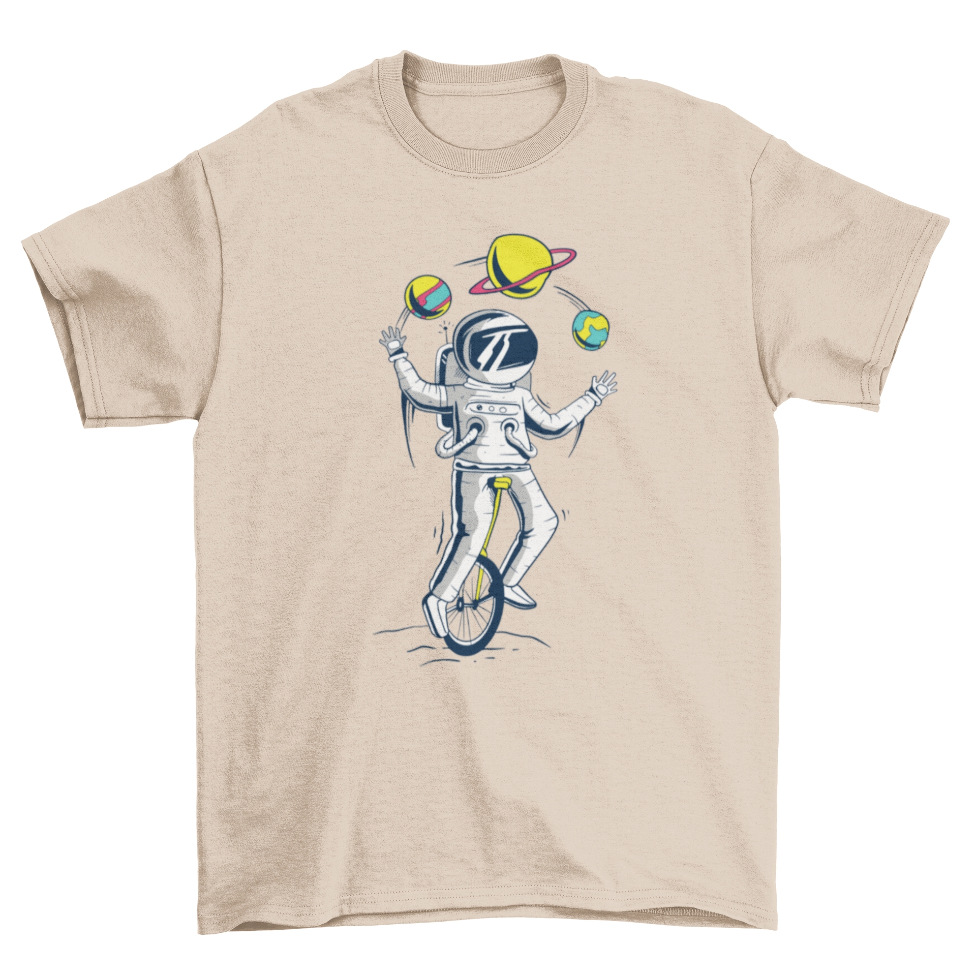 A colorful T-shirt featuring an astronaut juggling planets while riding a unicycle, showcasing a whimsical space theme.