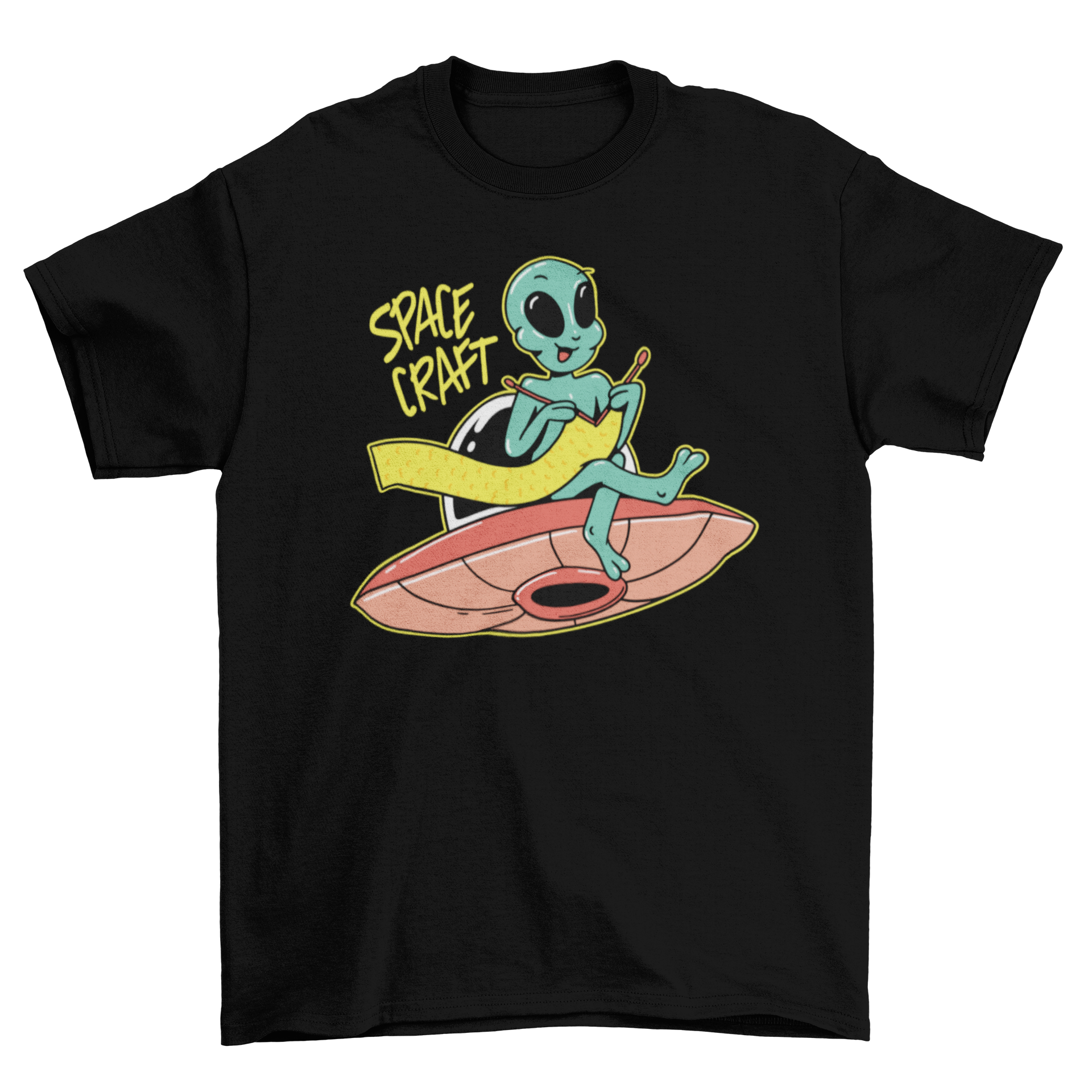 A humorous t-shirt featuring an alien knitting while sitting on a UFO, showcasing a fun and quirky design.