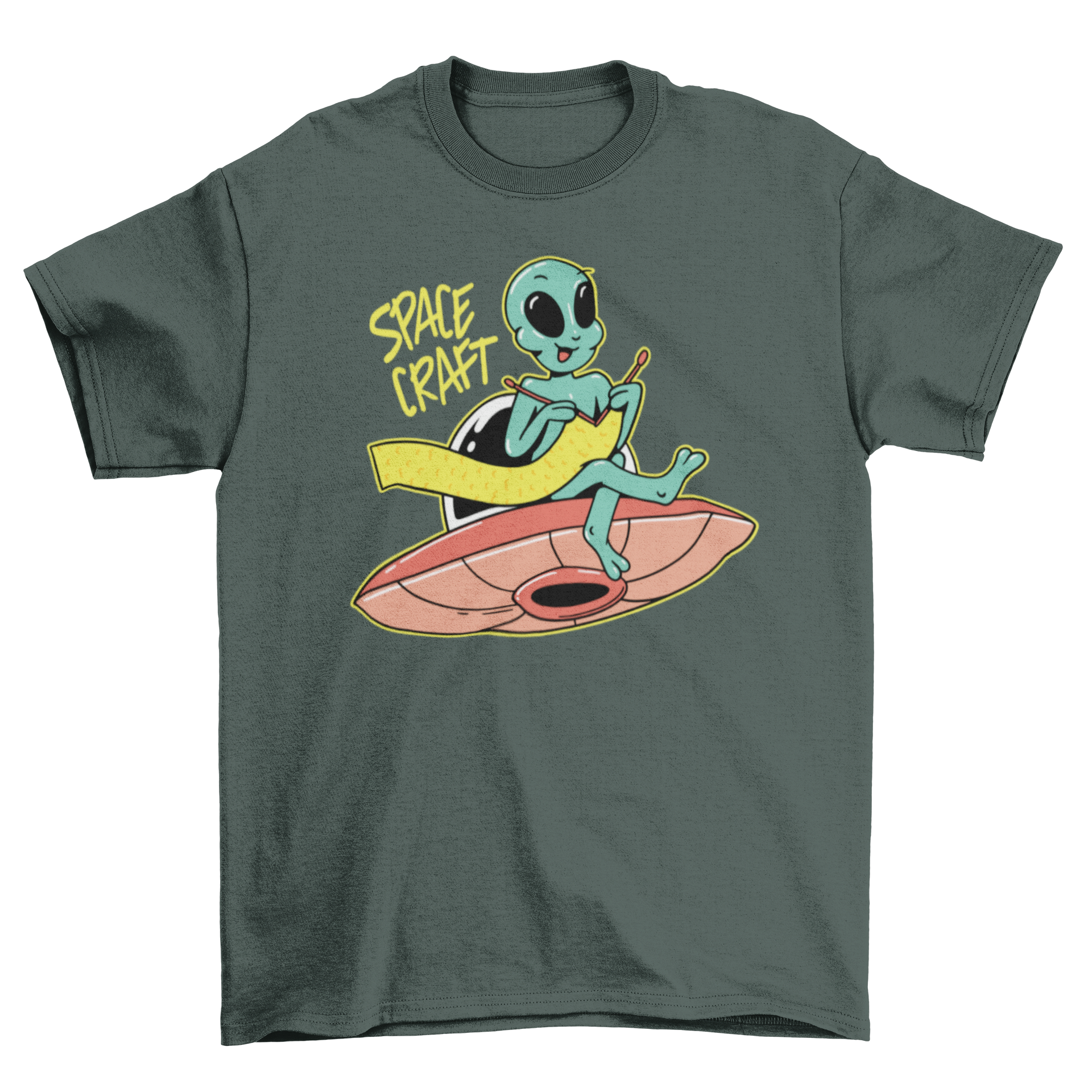 A humorous t-shirt featuring an alien knitting while sitting on a UFO, showcasing a fun and quirky design.