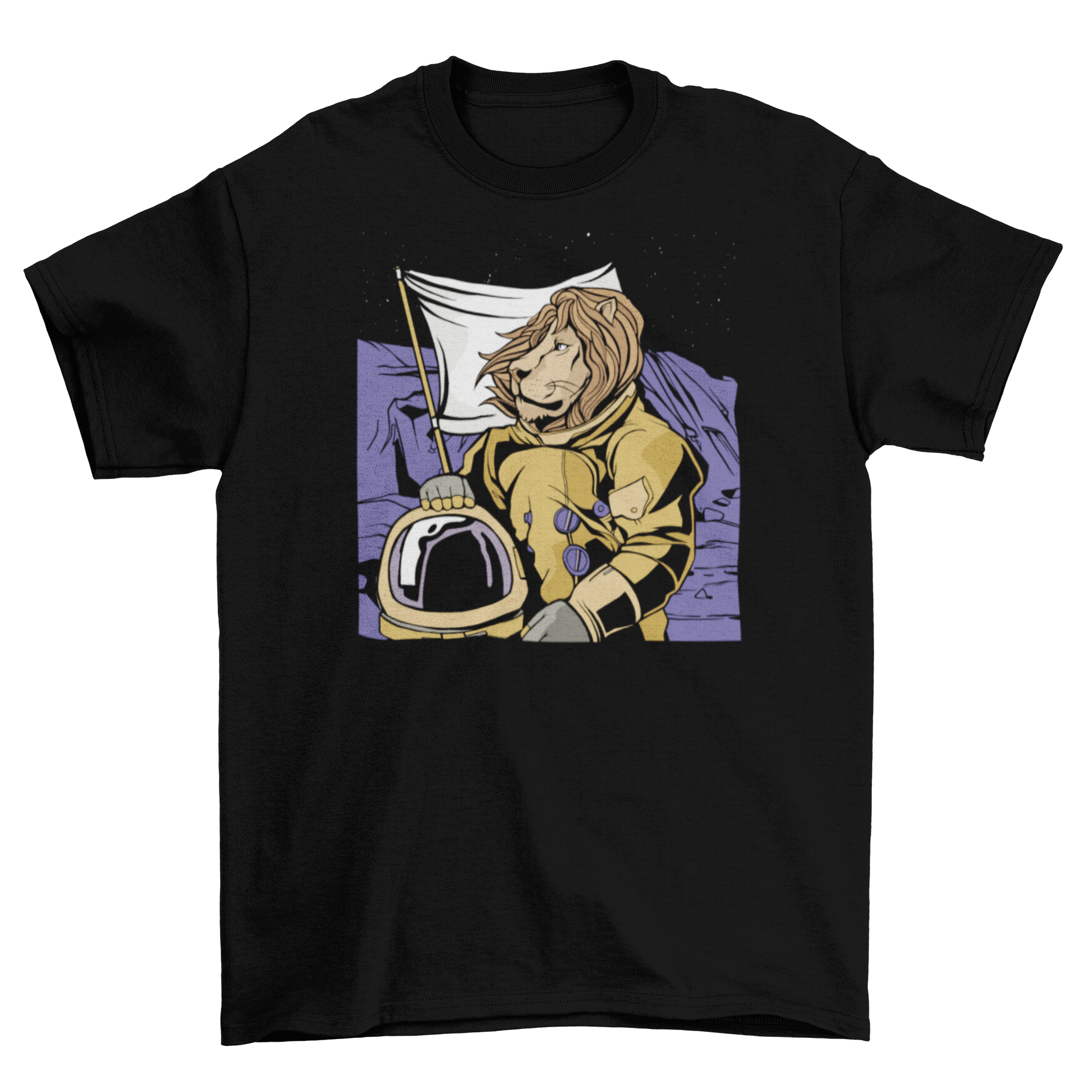 A stylish t-shirt featuring a lion dressed as an astronaut floating in space, showcasing vibrant colors and intricate details.