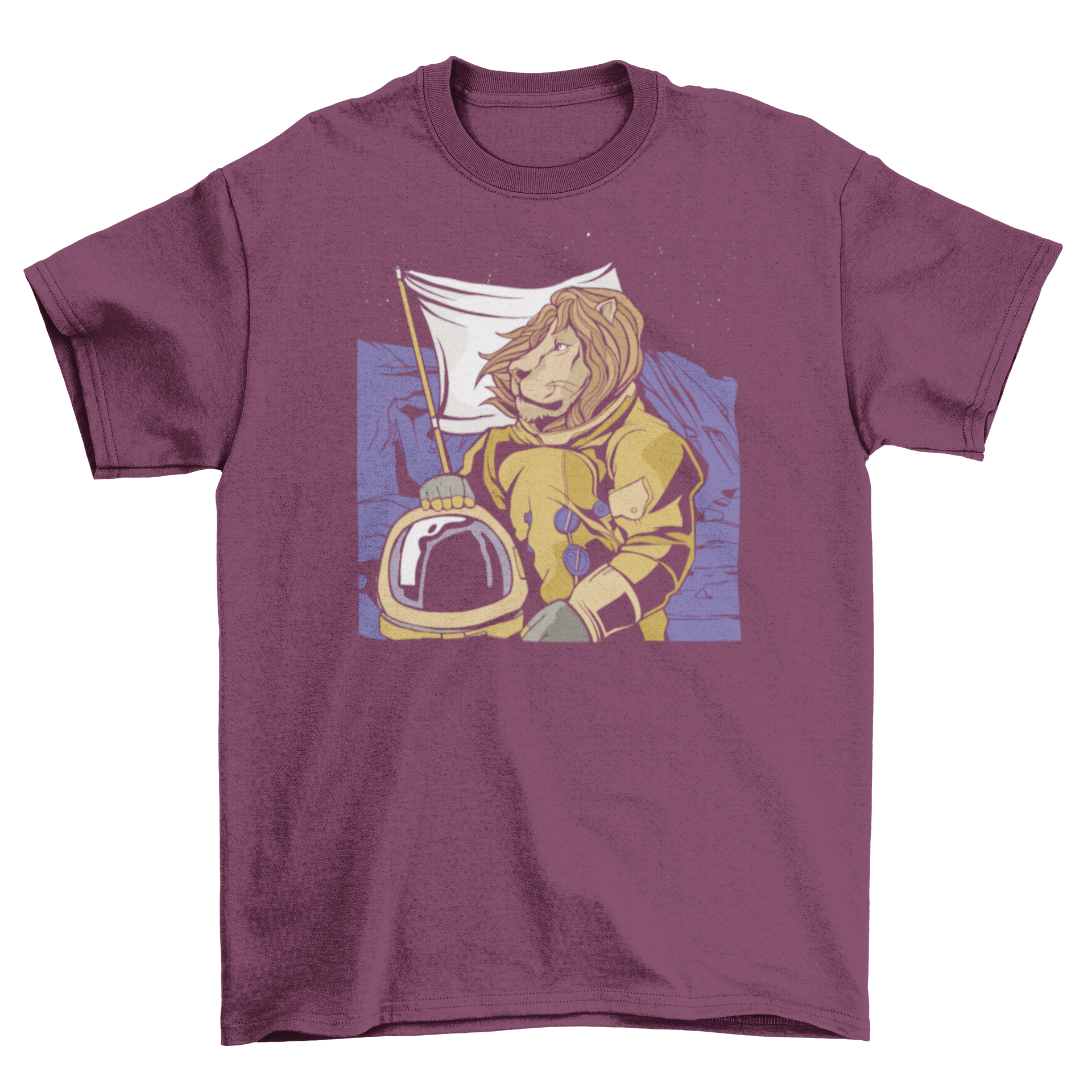 A stylish t-shirt featuring a lion dressed as an astronaut floating in space, showcasing vibrant colors and intricate details.