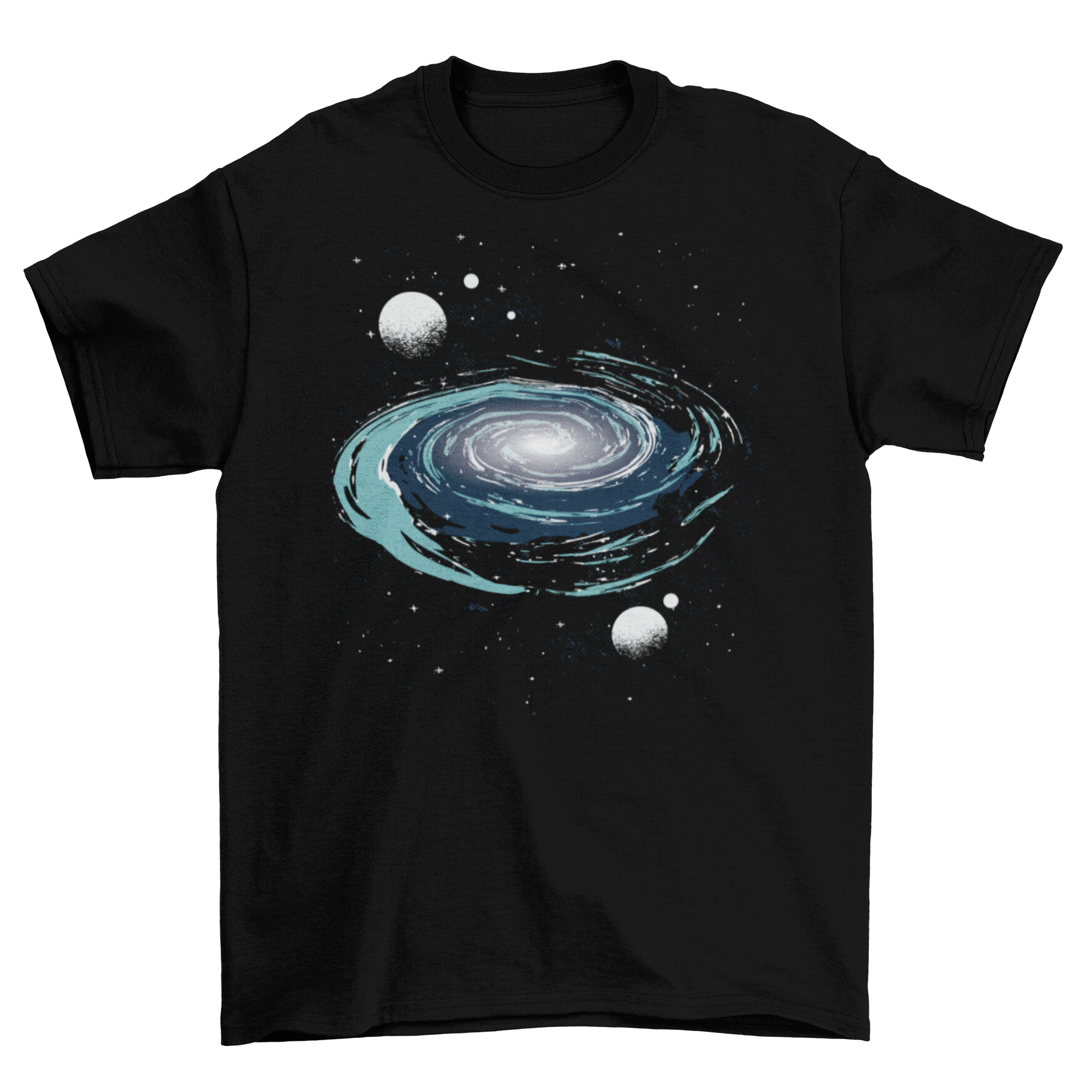 A vibrant t-shirt featuring a stunning nebula illustration in cosmic colors.