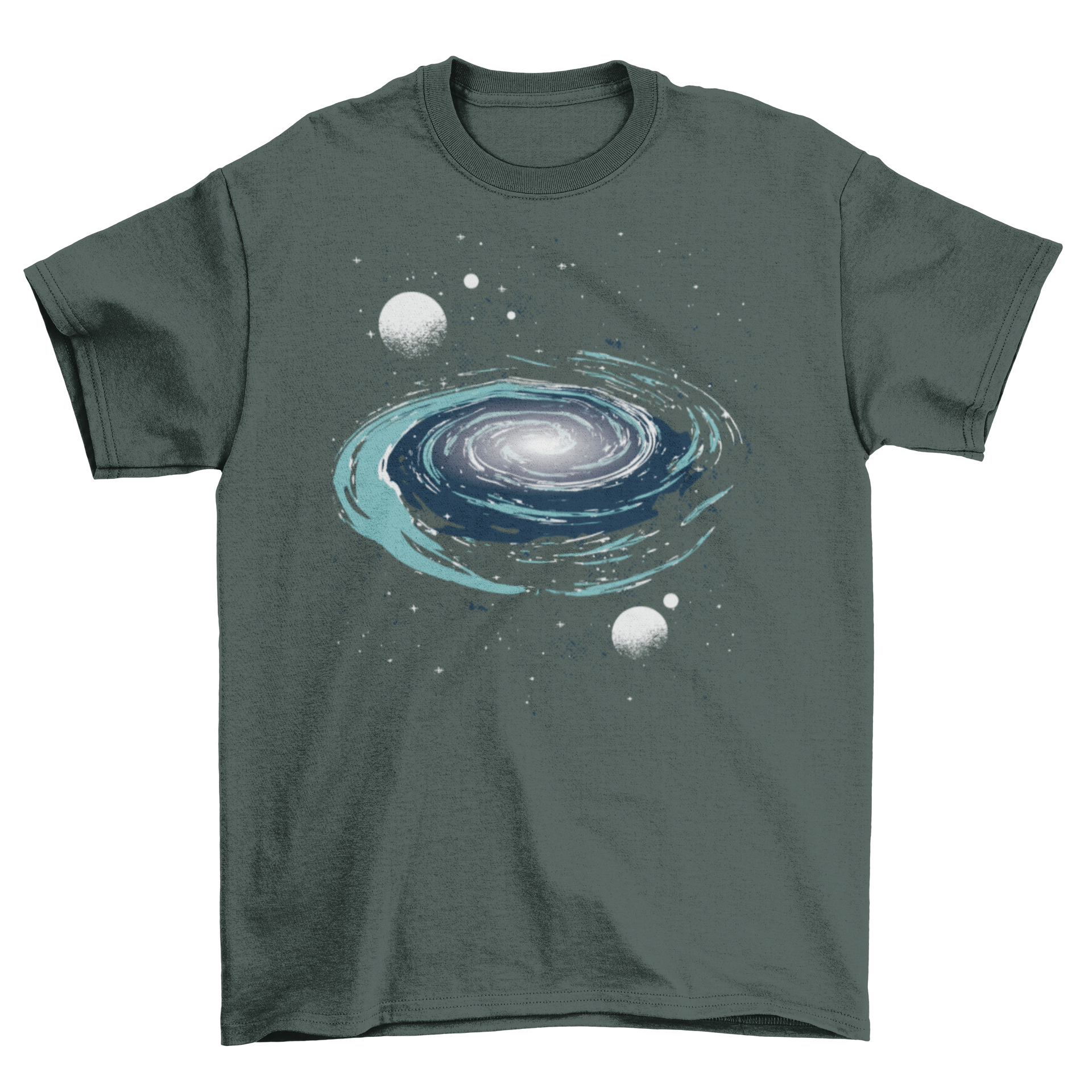 A vibrant t-shirt featuring a stunning nebula illustration in cosmic colors.