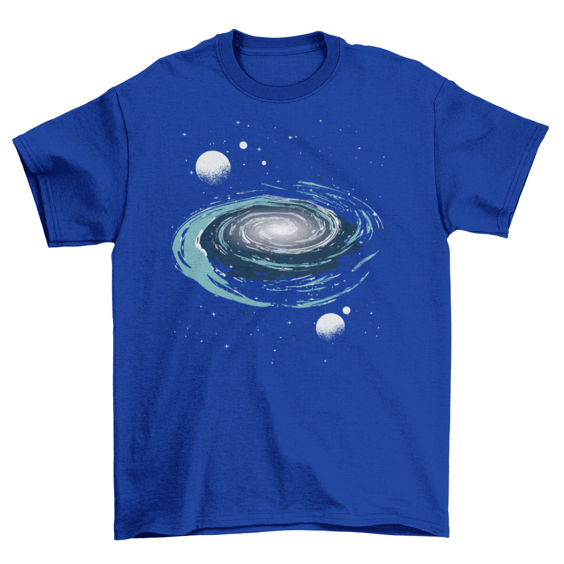 A vibrant t-shirt featuring a stunning nebula illustration in cosmic colors.