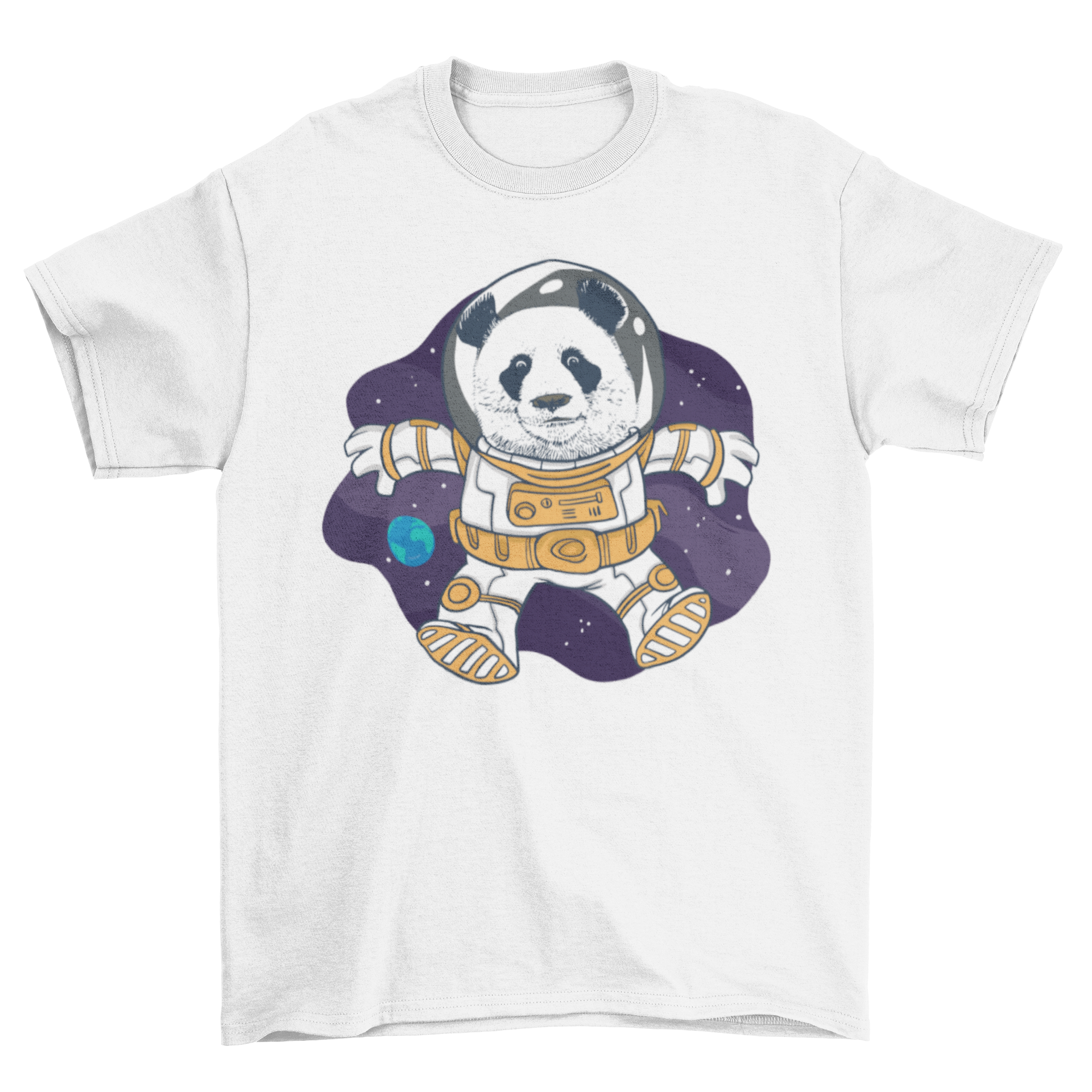 A stylish t-shirt featuring a panda astronaut floating in space, showcasing vibrant colors and a whimsical design.