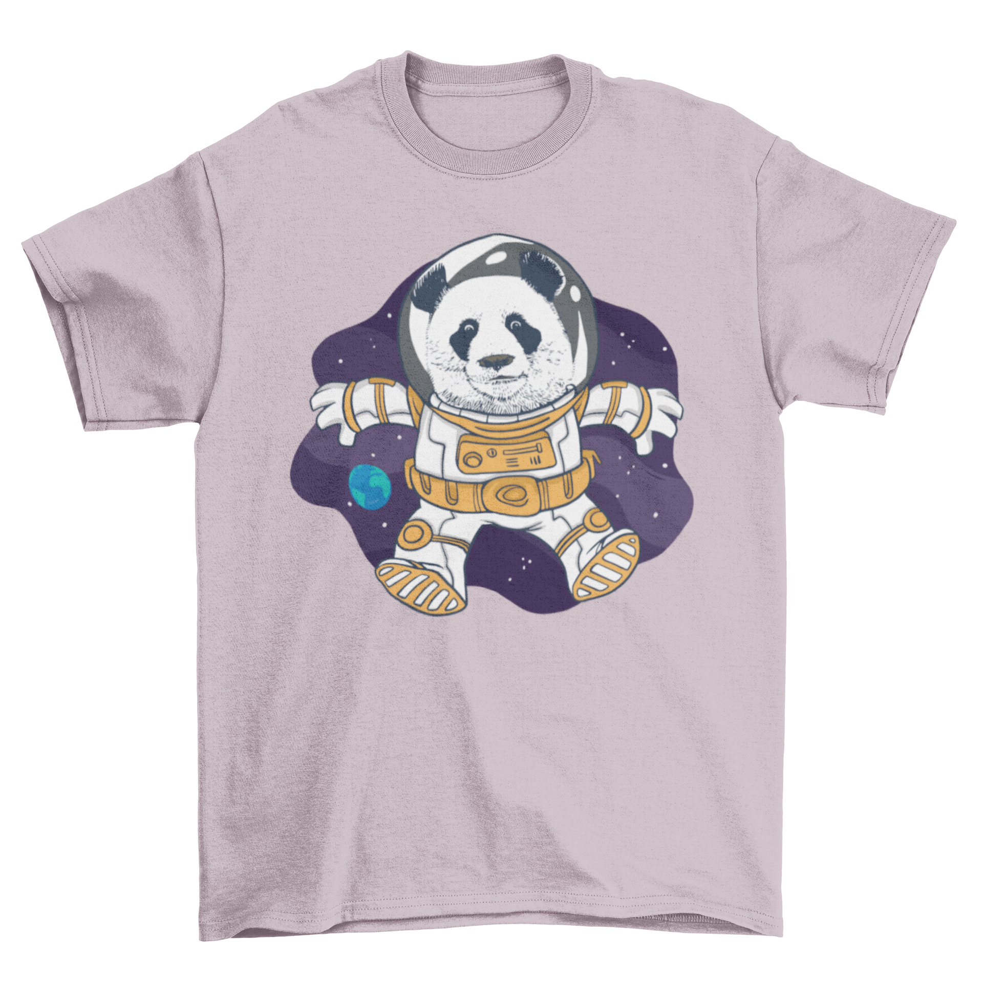 A stylish t-shirt featuring a panda astronaut floating in space, showcasing vibrant colors and a whimsical design.