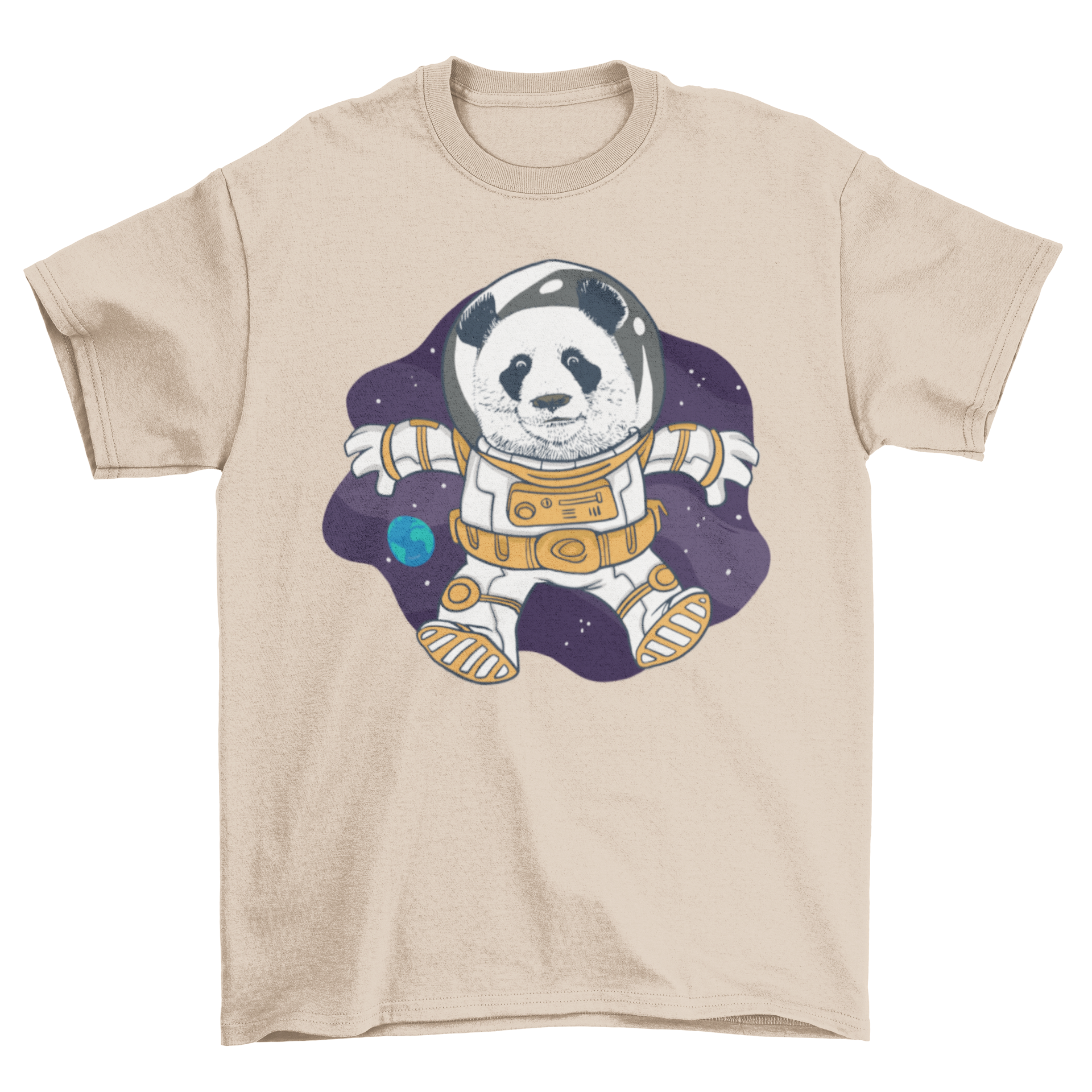 A stylish t-shirt featuring a panda astronaut floating in space, showcasing vibrant colors and a whimsical design.