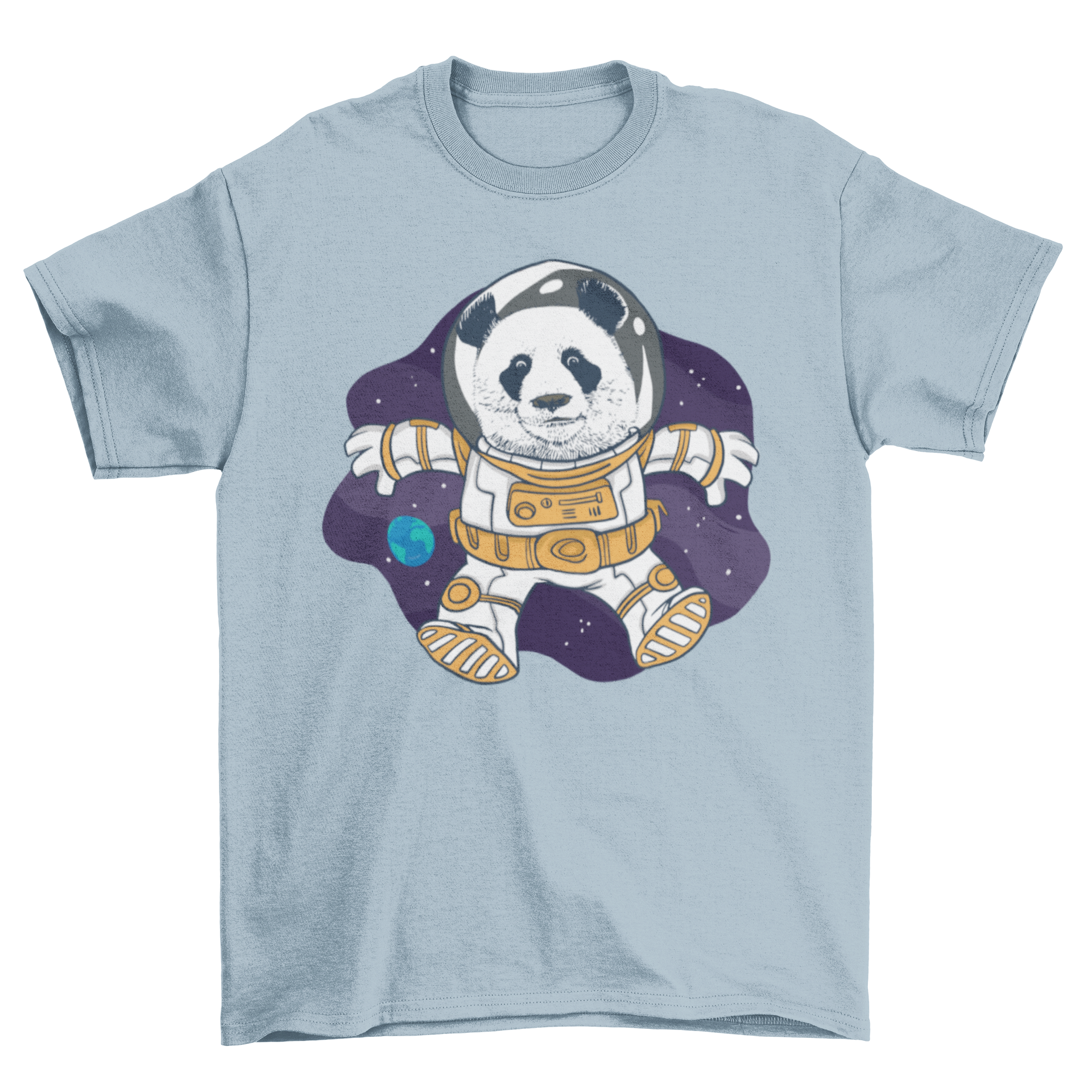 A stylish t-shirt featuring a panda astronaut floating in space, showcasing vibrant colors and a whimsical design.