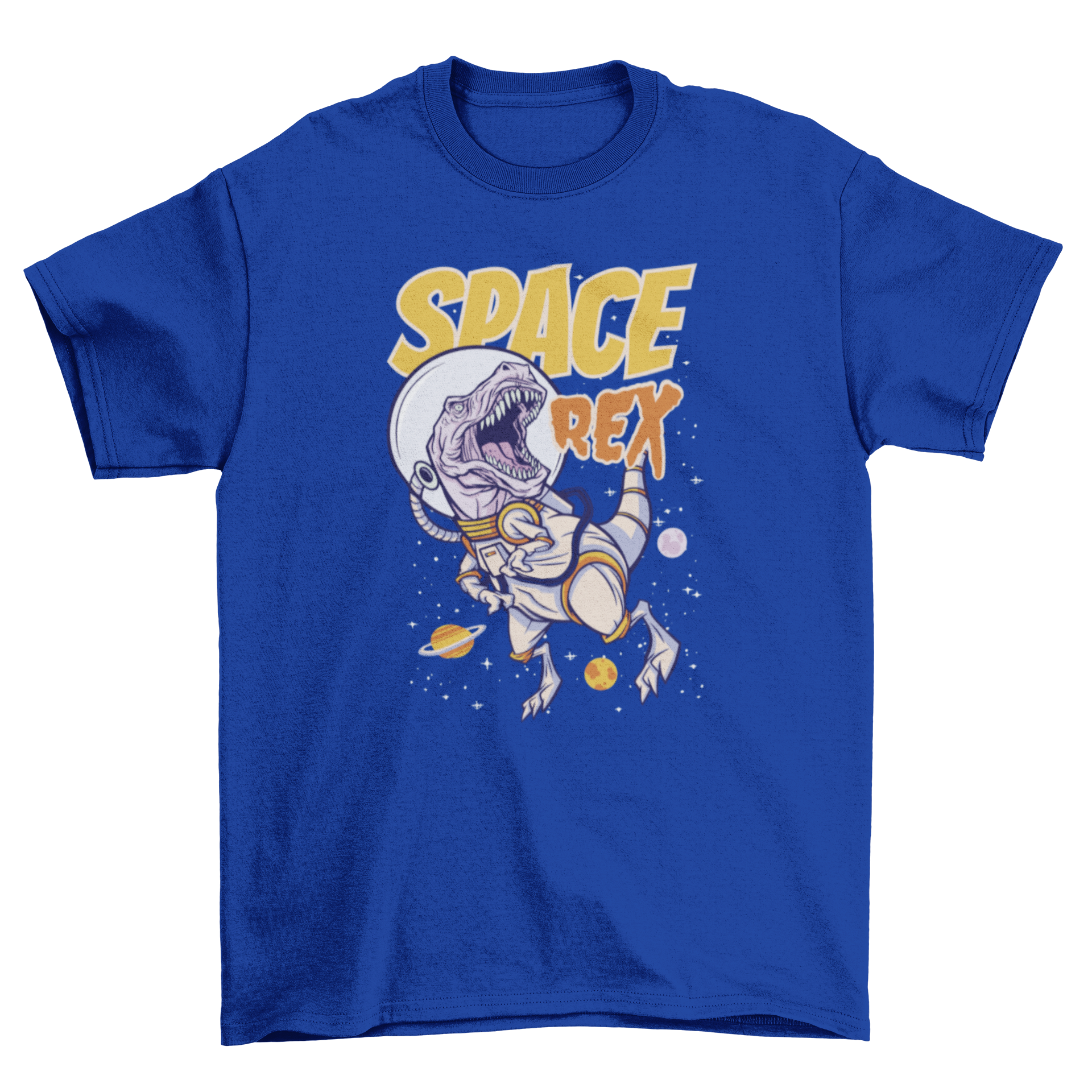 A colorful t-shirt featuring a T-Rex astronaut in space with the quote 'Space Rex'.