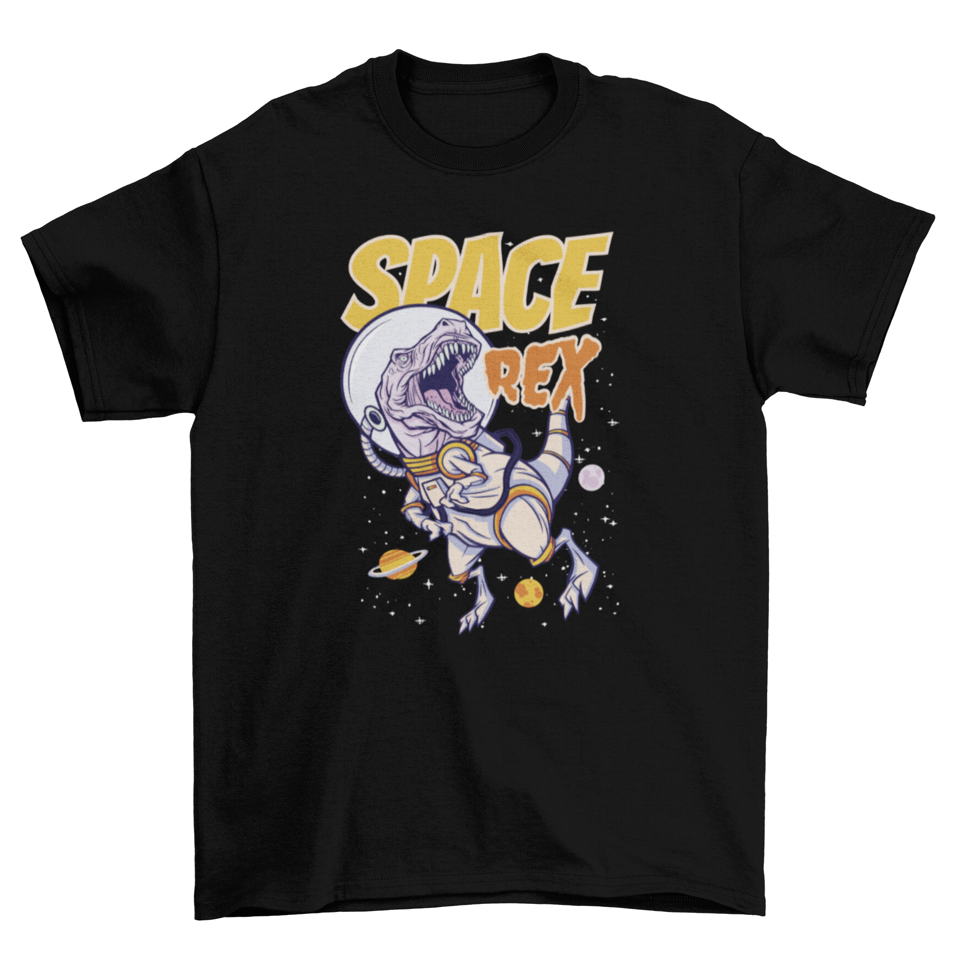 A colorful t-shirt featuring a T-Rex astronaut in space with the quote 'Space Rex'.