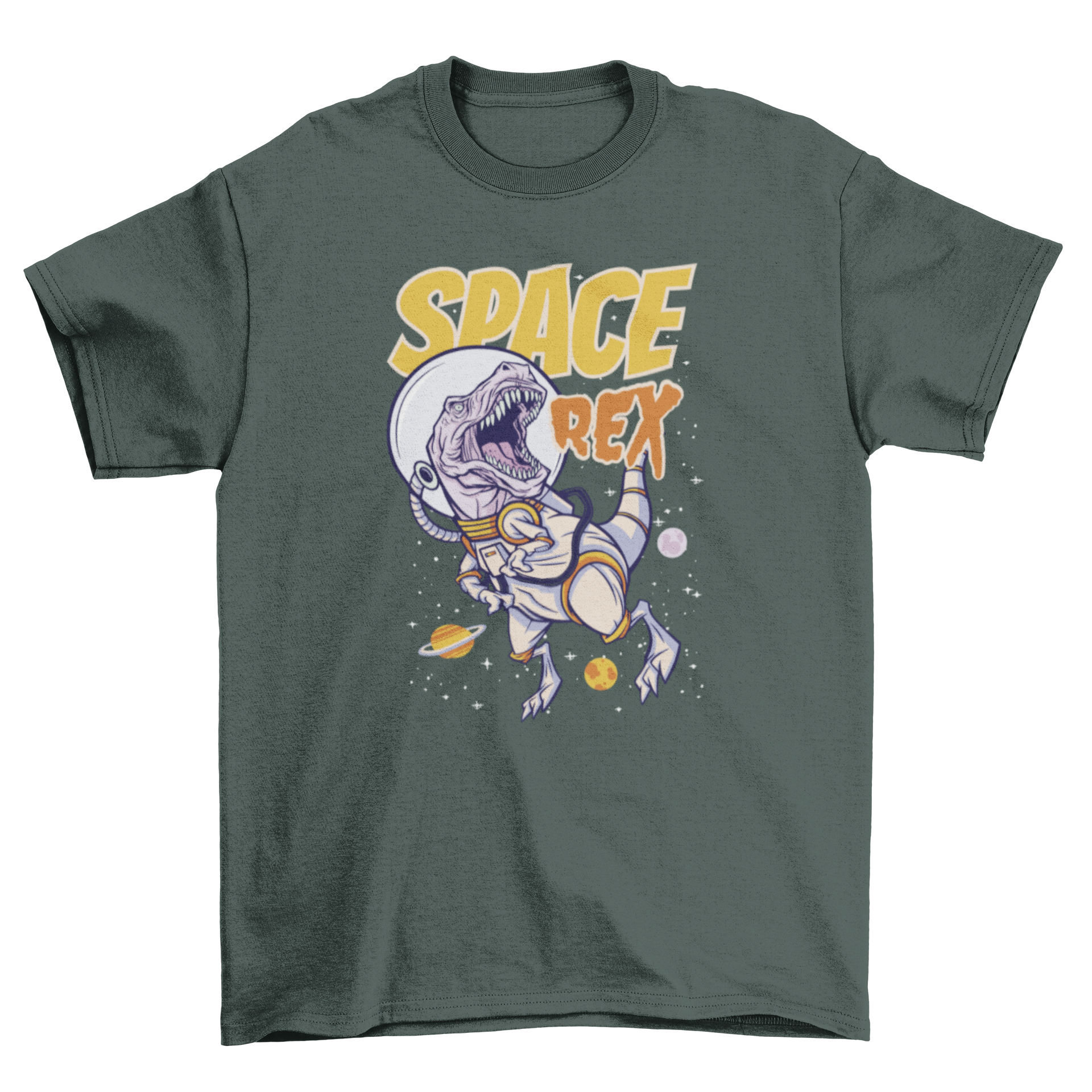 A colorful t-shirt featuring a T-Rex astronaut in space with the quote 'Space Rex'.