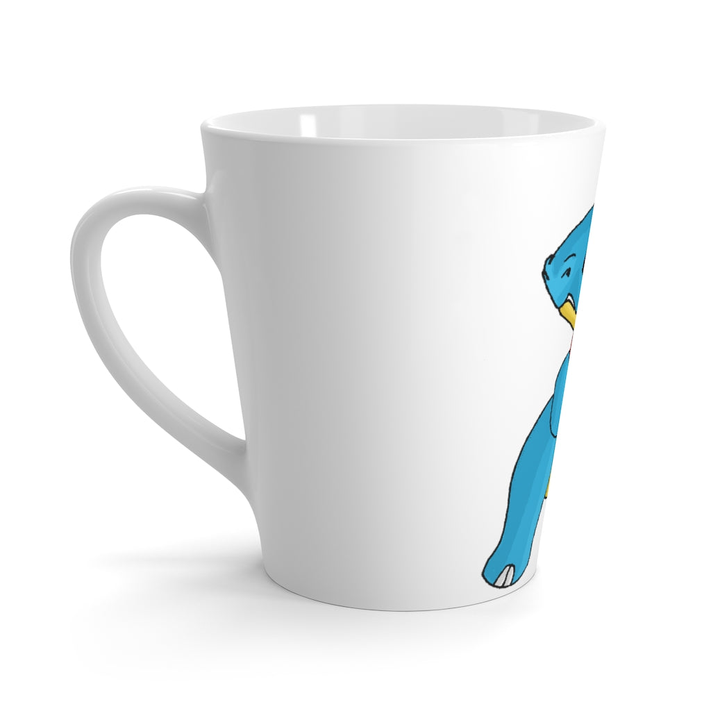 Spakeel Latte Mug in white ceramic with rounded corners and C-handle, showcasing vibrant sublimation printing.