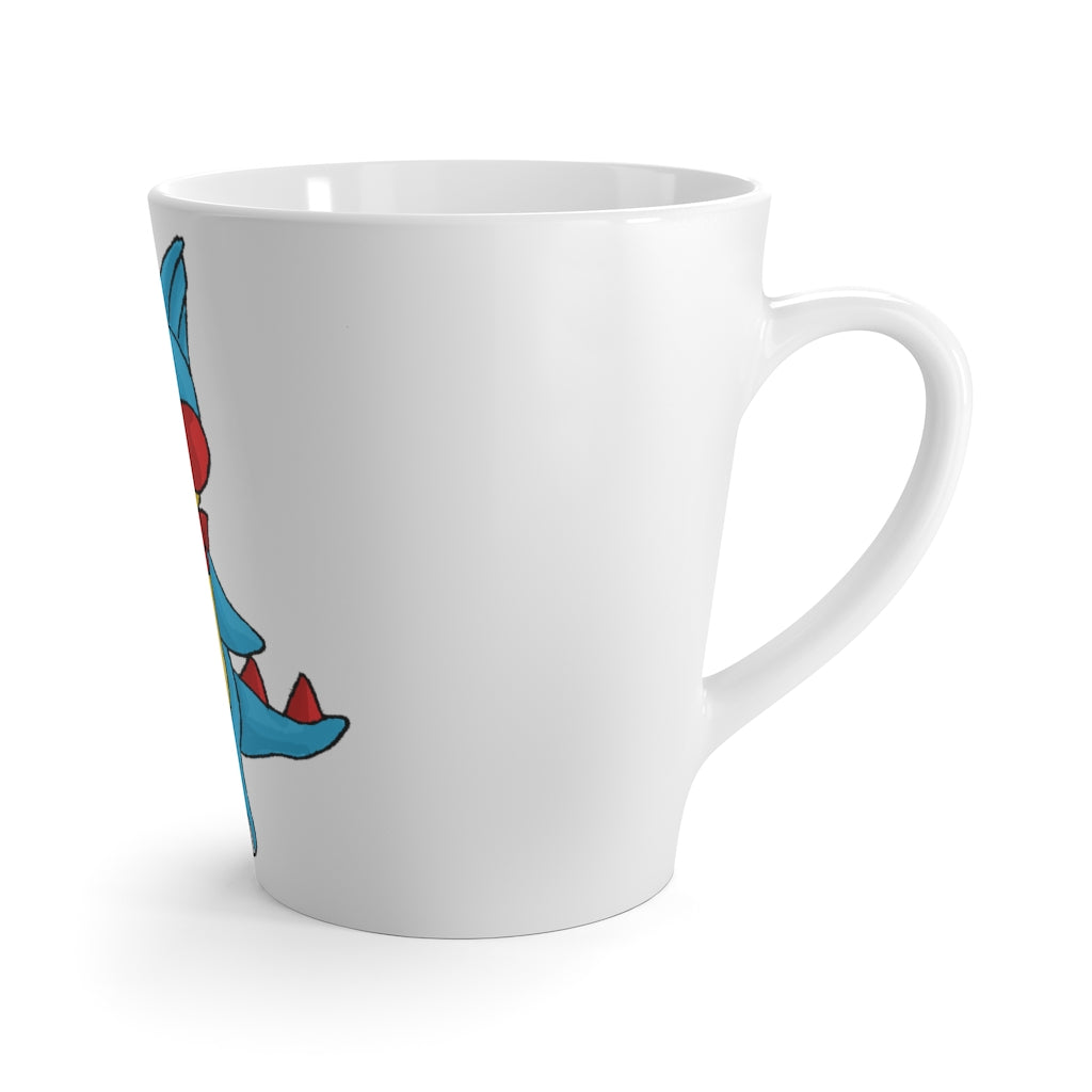 Spakeel Latte Mug in white ceramic with rounded corners and C-handle, showcasing vibrant sublimation printing.