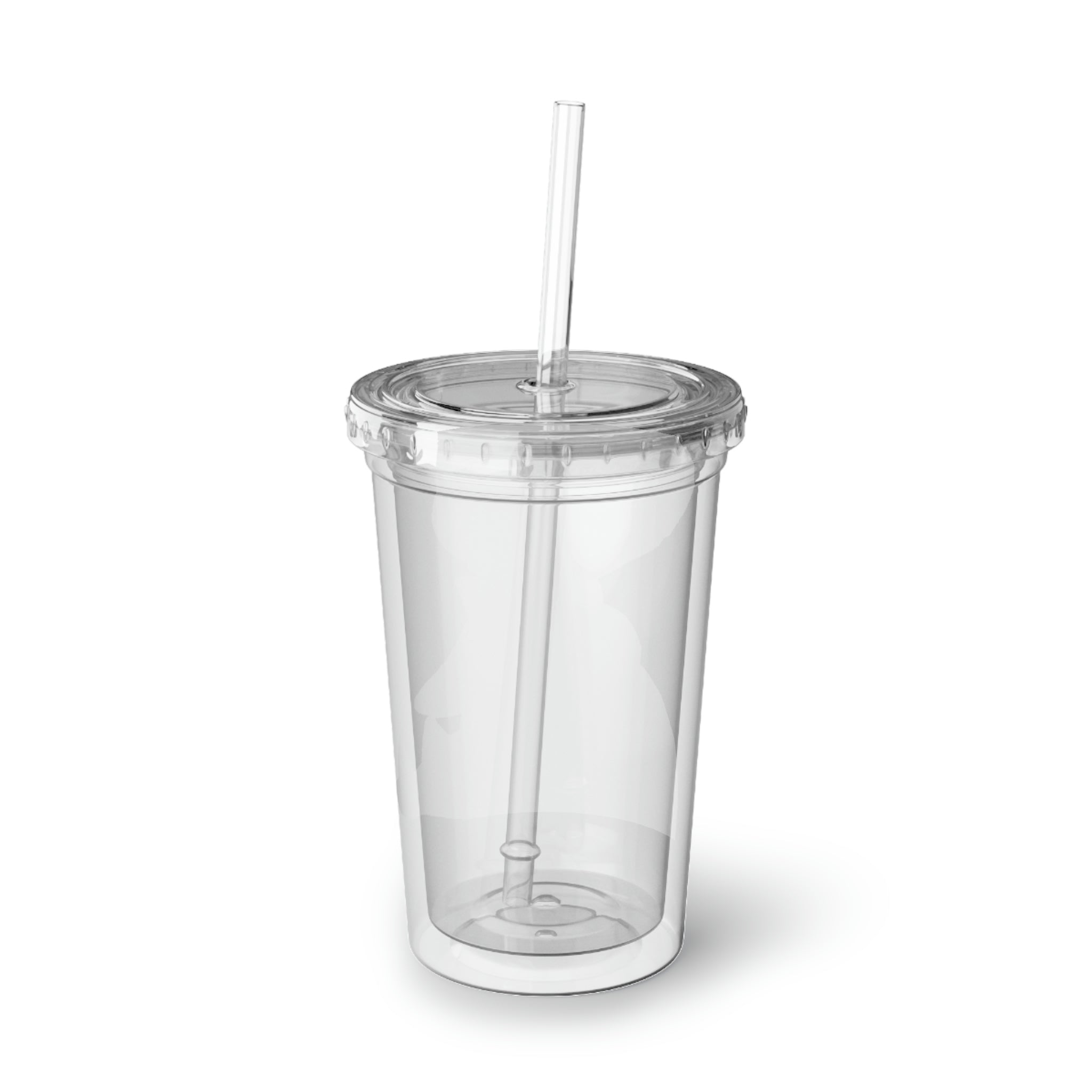 Spakeel Suave Acrylic Cup in stainless steel with a black screw-on cap and plastic straw, showcasing a customizable design.