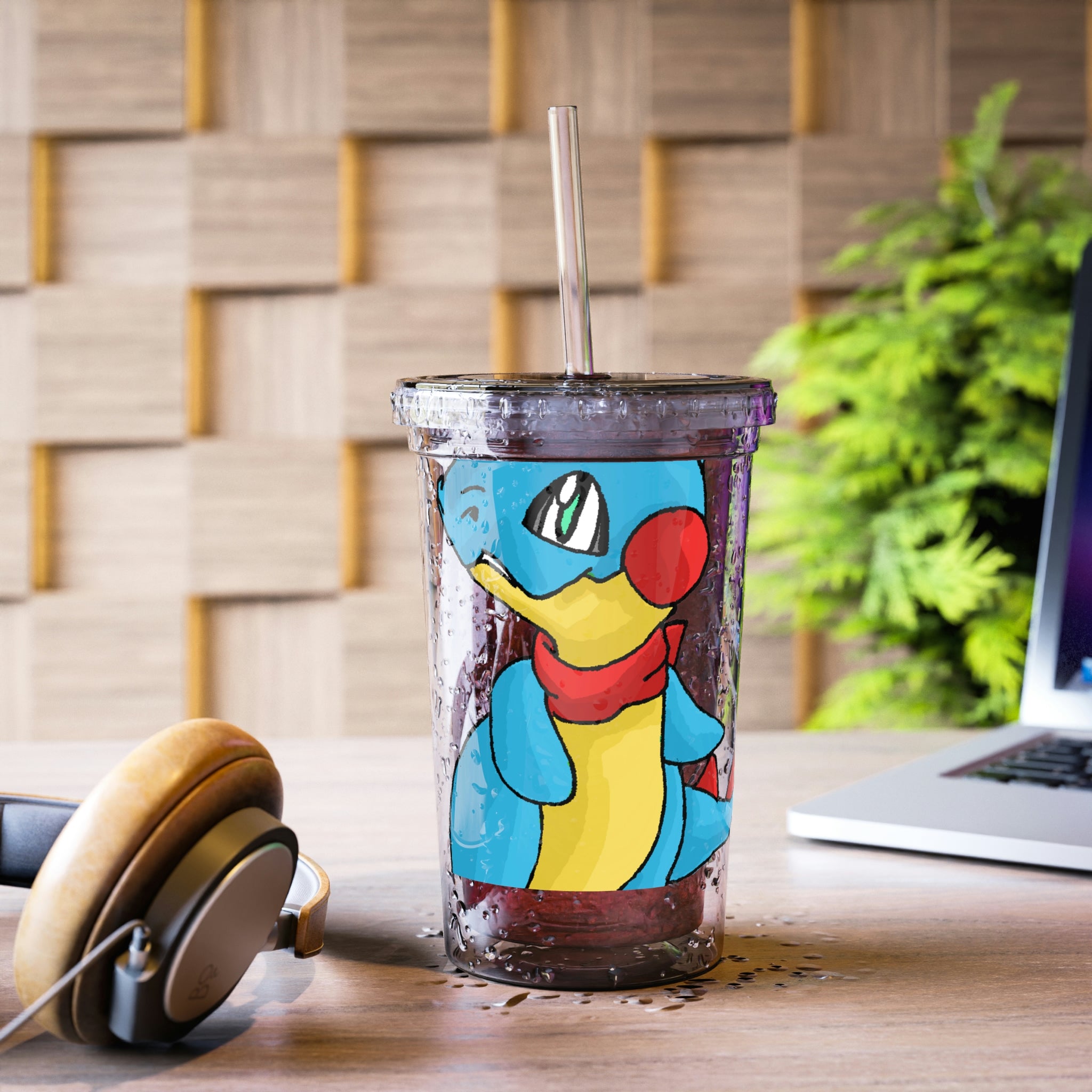 Spakeel Suave Acrylic Cup in stainless steel with a black screw-on cap and plastic straw, showcasing a customizable design.