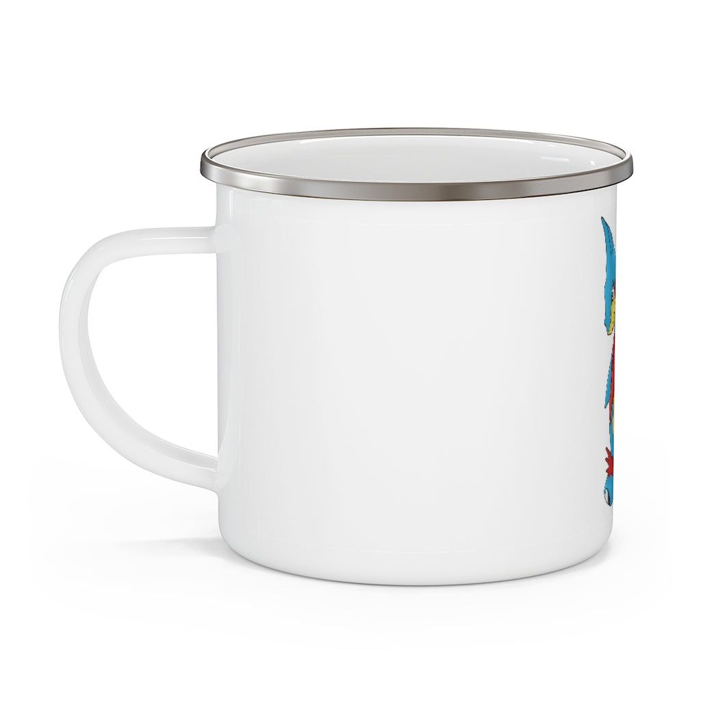 Spakez Enamel Camping Mug in a natural outdoor setting, showcasing its durable design and customizable print.