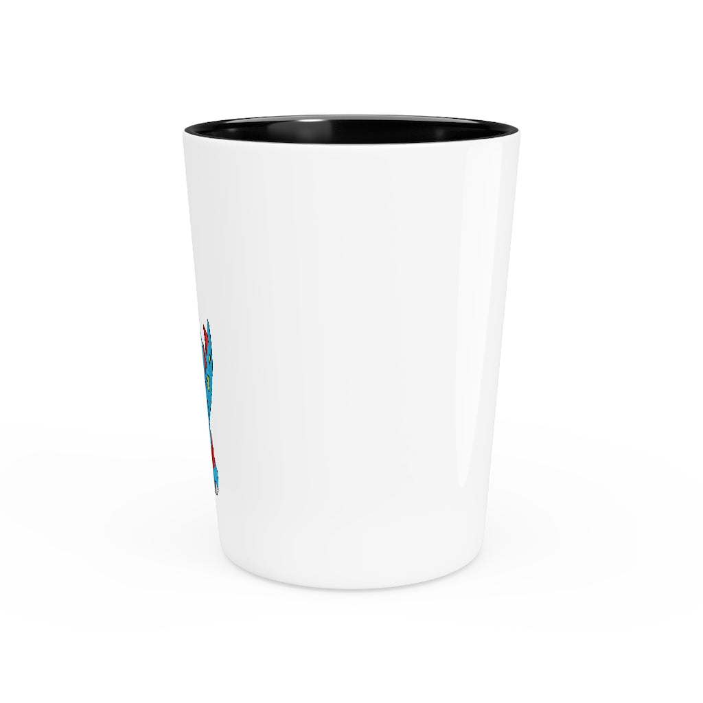 Personalized Spakez Shot Glass with white ceramic exterior and customizable interior options in black or white.