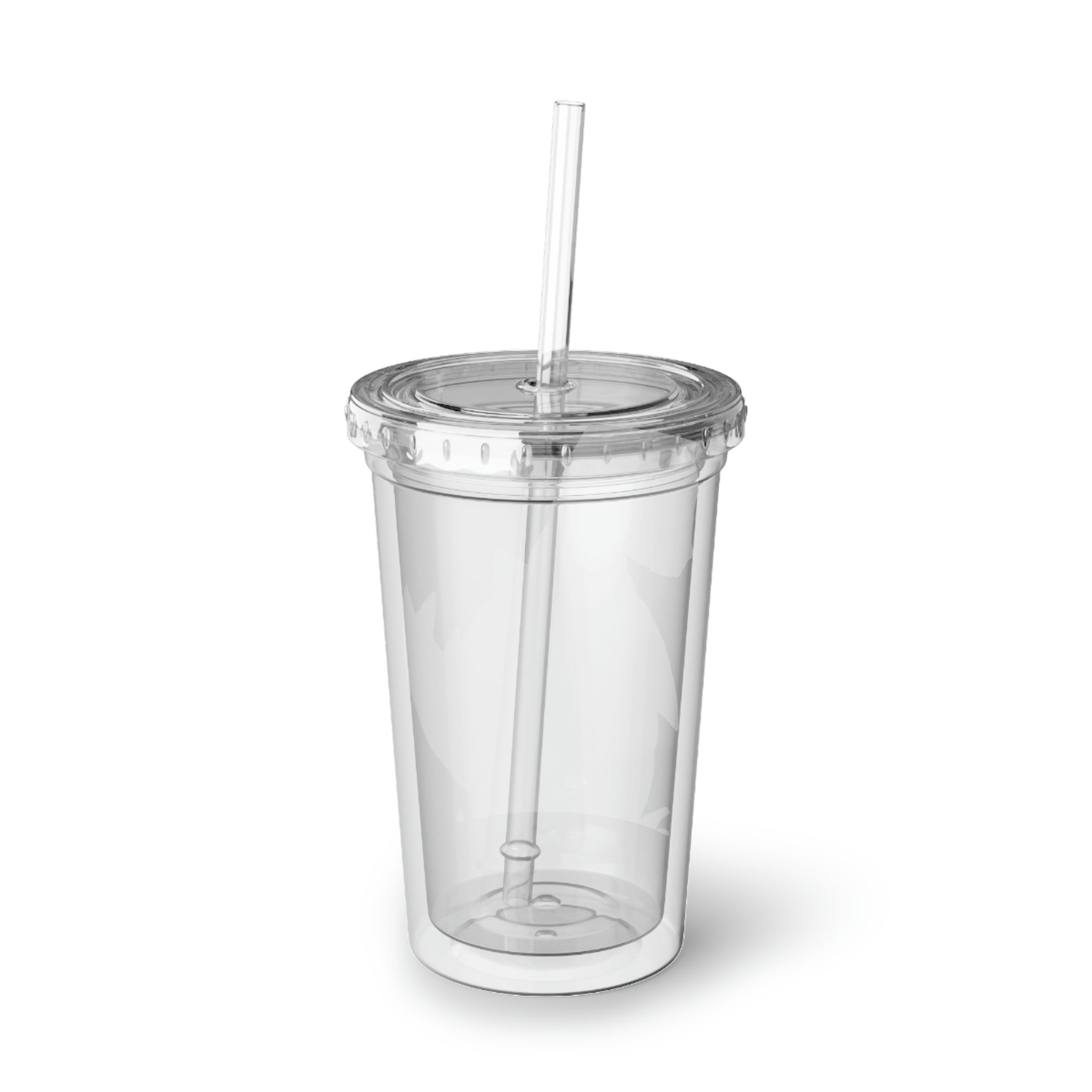 Spakez Suave Acrylic Cup in stainless steel with a black screw-on cap and a plastic straw, showcasing a customizable design.