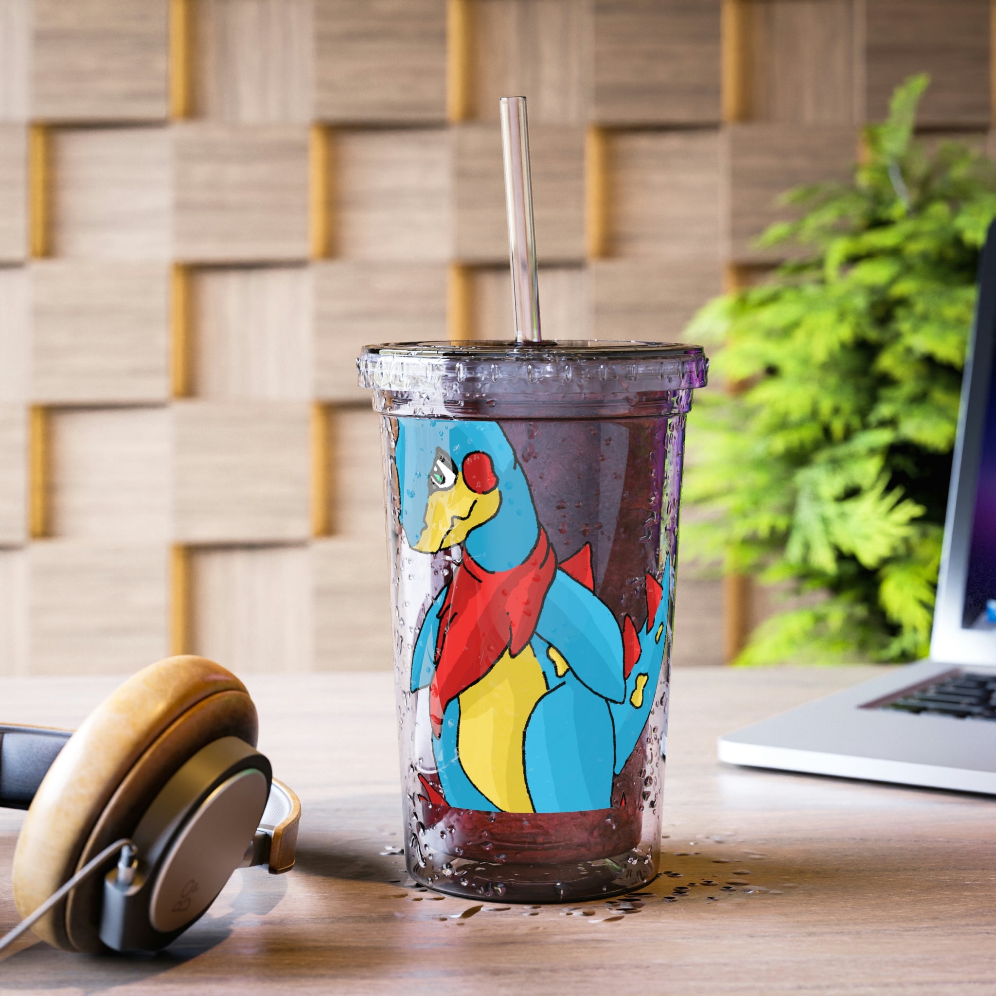 Spakez Suave Acrylic Cup in stainless steel with a black screw-on cap and a plastic straw, showcasing a customizable design.