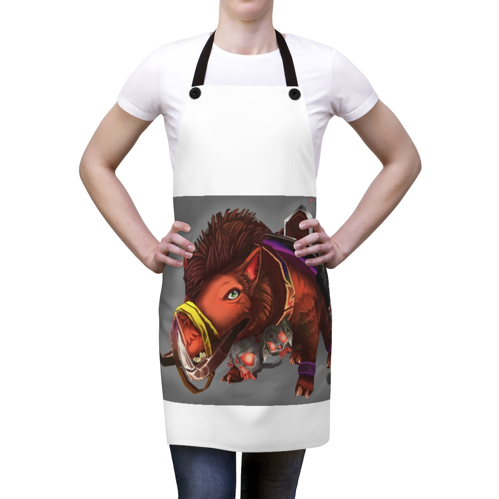 Spam the Death Mount Apron featuring a unique design, lightweight polyester fabric, and black detachable twill straps, perfect for cooking.