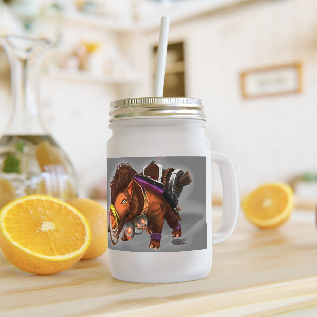 Spam the Death Mount Mason Jar with straw and lid, made of frosted glass, perfect for personalized drinks.