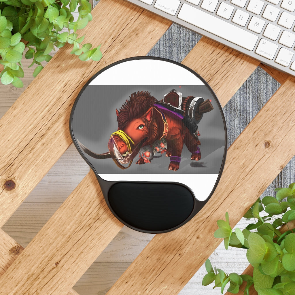 Spam the Death Mount Mouse Pad featuring ergonomic Memory Foam wrist rest and customizable neoprene insert on a black base.